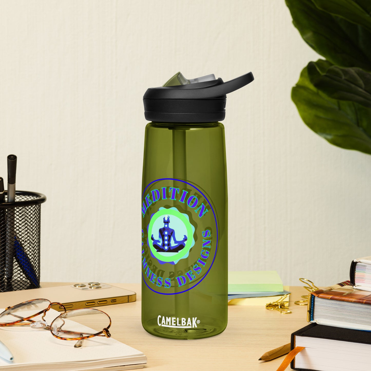 Retro Circle, MEDITION, CALMNESS DESIGNS LOGO, Creative Designer's, Sports water bottle
