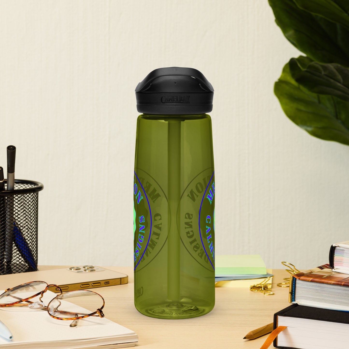 Retro Circle, MEDITION, CALMNESS DESIGNS LOGO, Creative Designer's, Sports water bottle