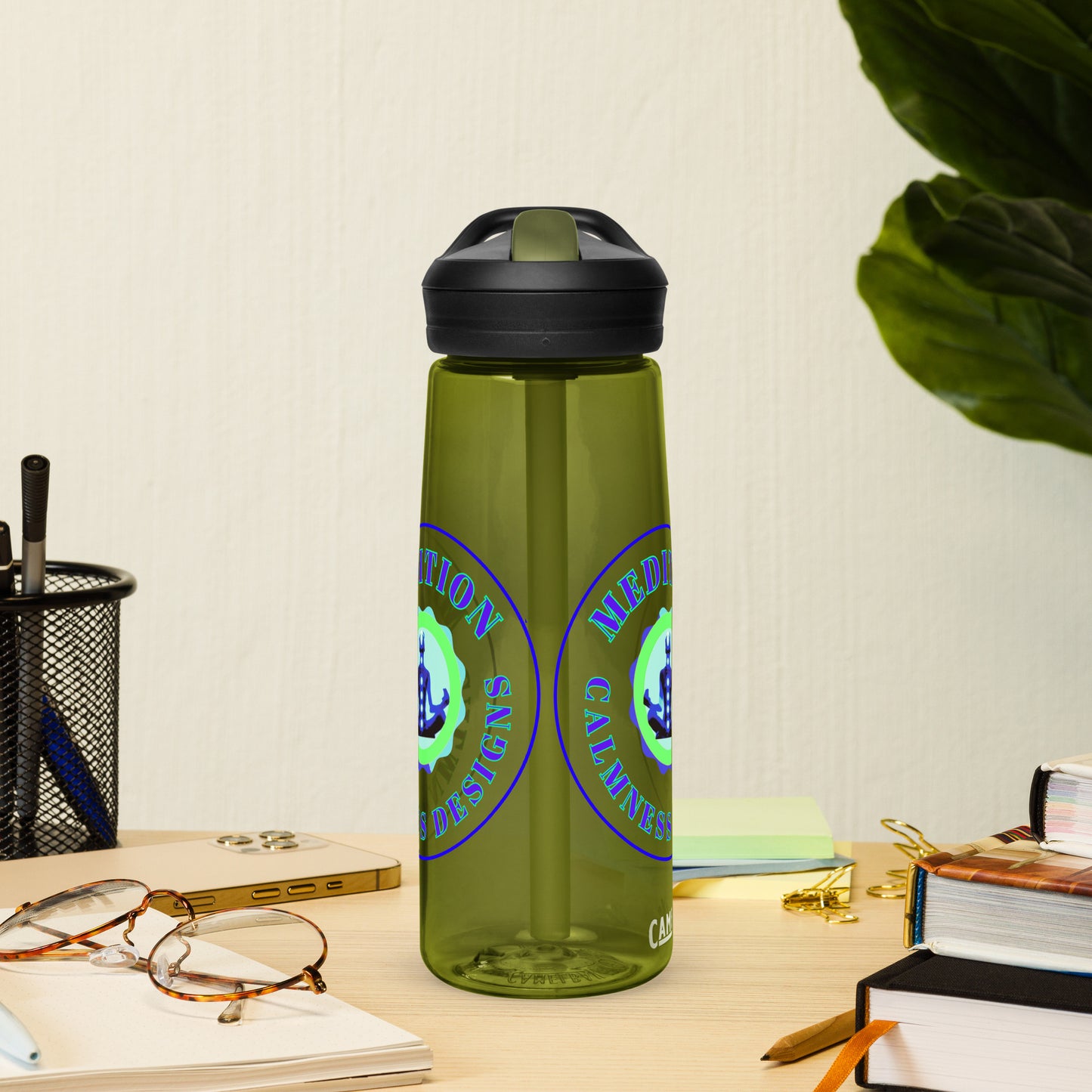Retro Circle, MEDITION, CALMNESS DESIGNS LOGO, Creative Designer's, Sports water bottle