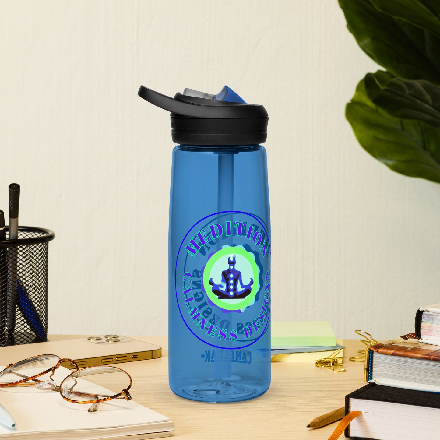 Retro Circle, MEDITION, CALMNESS DESIGNS LOGO, Creative Designer's, Sports water bottle