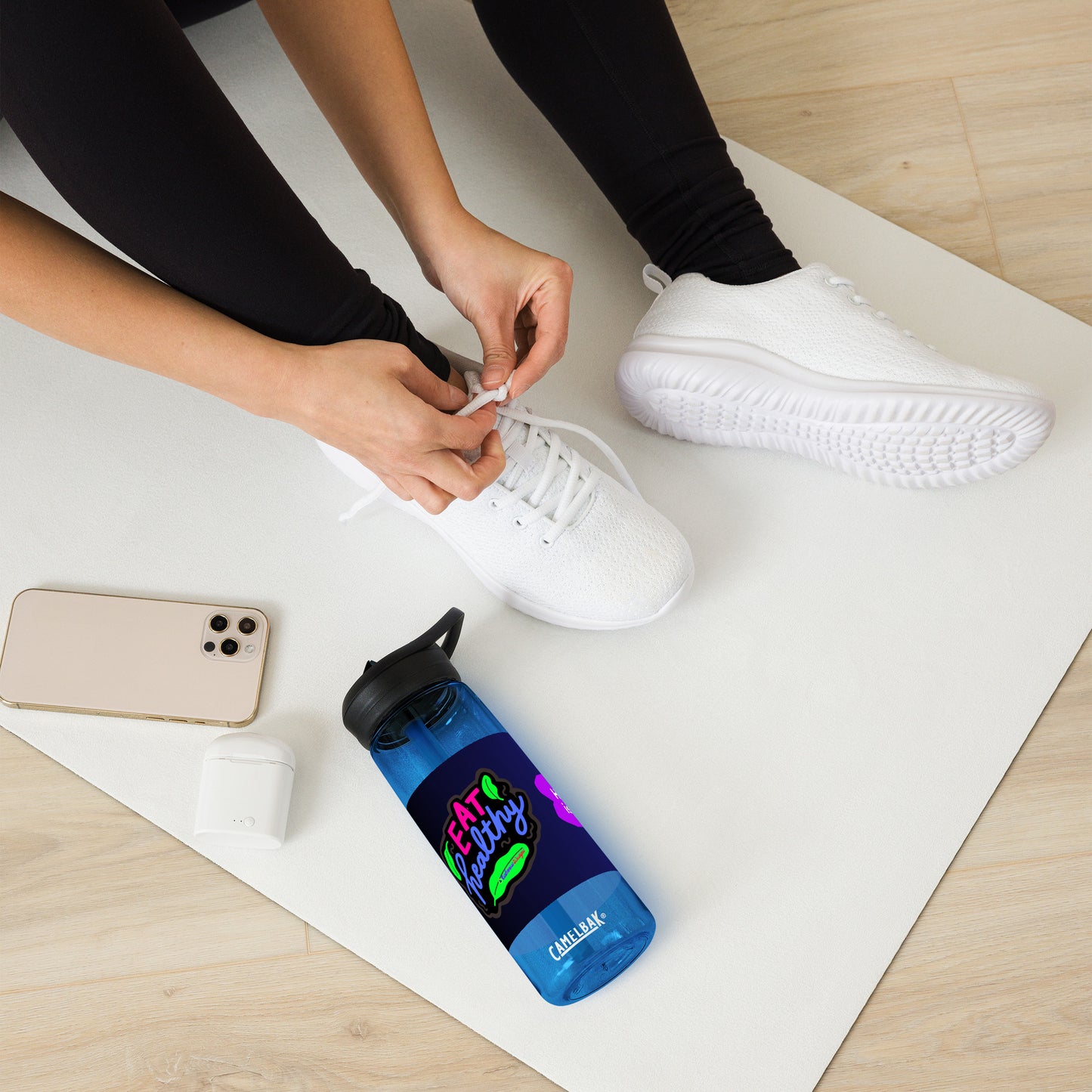 Stay Active, Hand holding Dumbbell, Eat Healthy, Leaves, Health is Wealth, CALMNESS DESIGNS, Creative Designer's, Sports water bottle