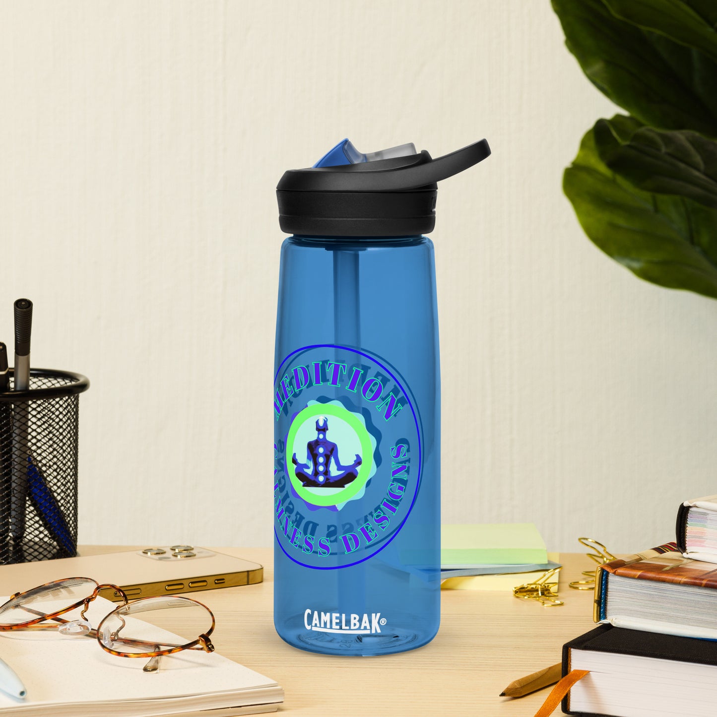 Retro Circle, MEDITION, CALMNESS DESIGNS LOGO, Creative Designer's, Sports water bottle