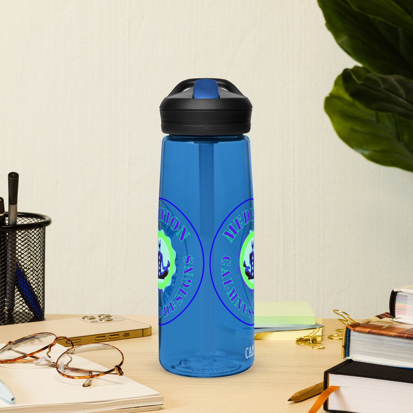 Retro Circle, MEDITION, CALMNESS DESIGNS LOGO, Creative Designer's, Sports water bottle