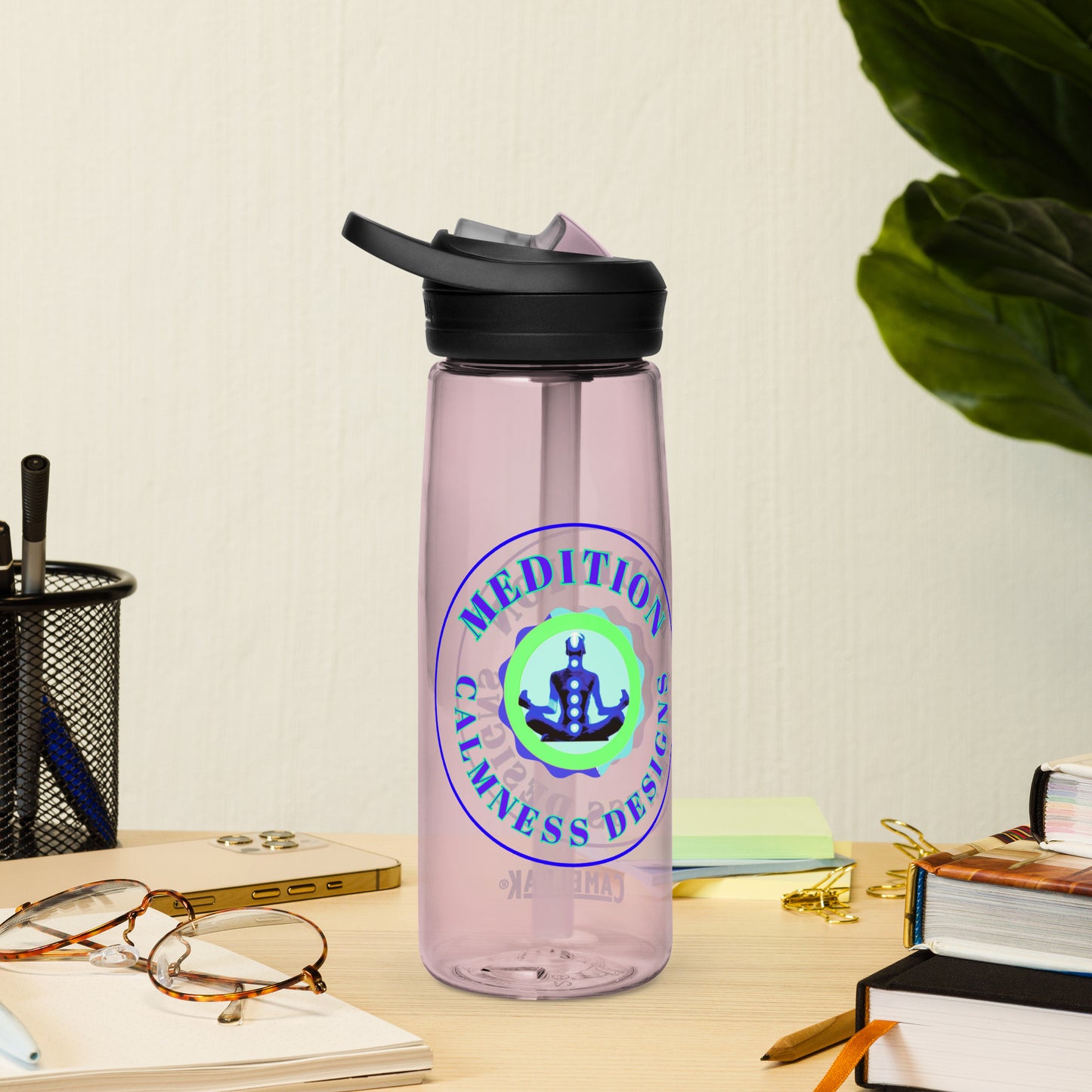 Retro Circle, MEDITION, CALMNESS DESIGNS LOGO, Creative Designer's, Sports water bottle