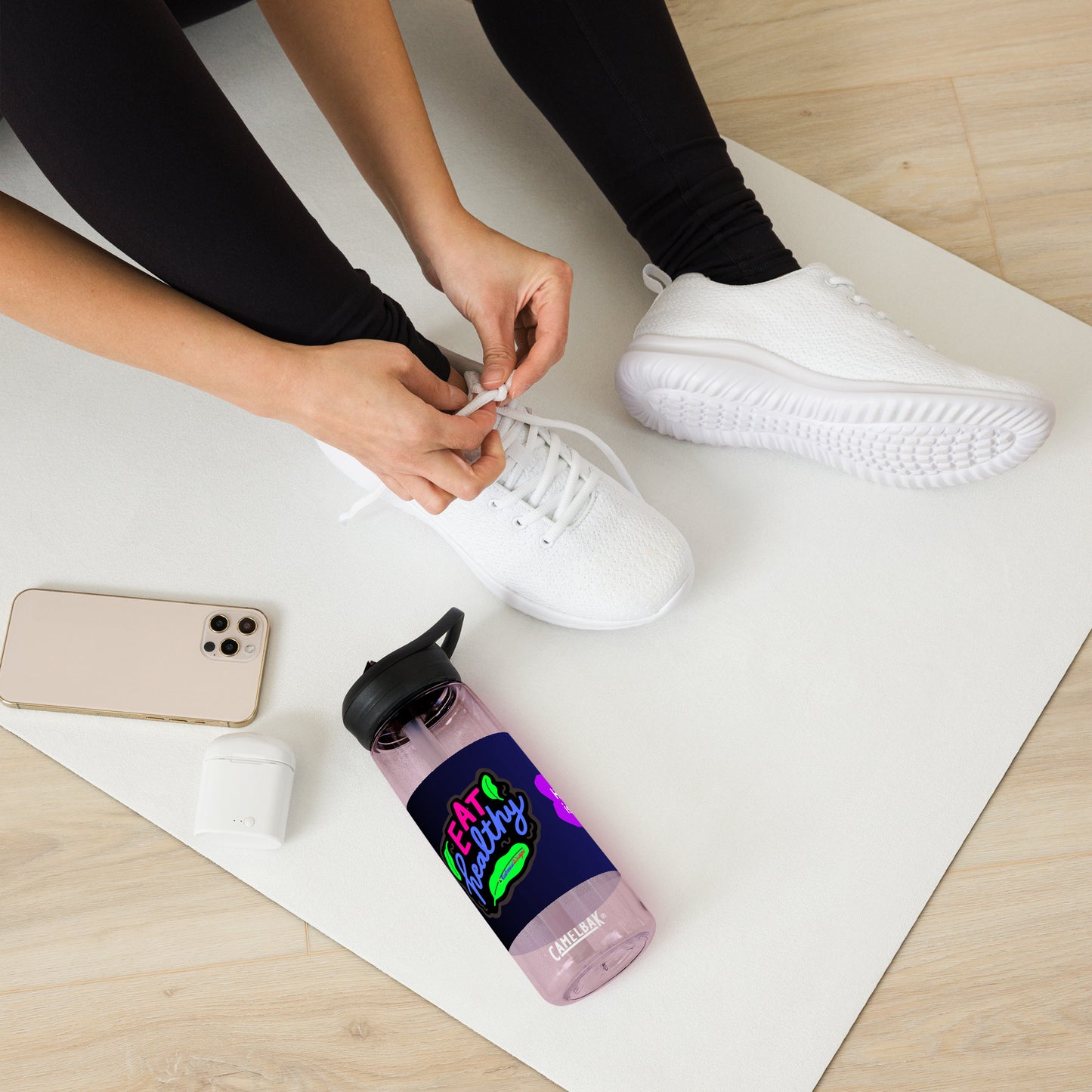 Stay Active, Hand holding Dumbbell, Eat Healthy, Leaves, Health is Wealth, CALMNESS DESIGNS, Creative Designer's, Sports water bottle