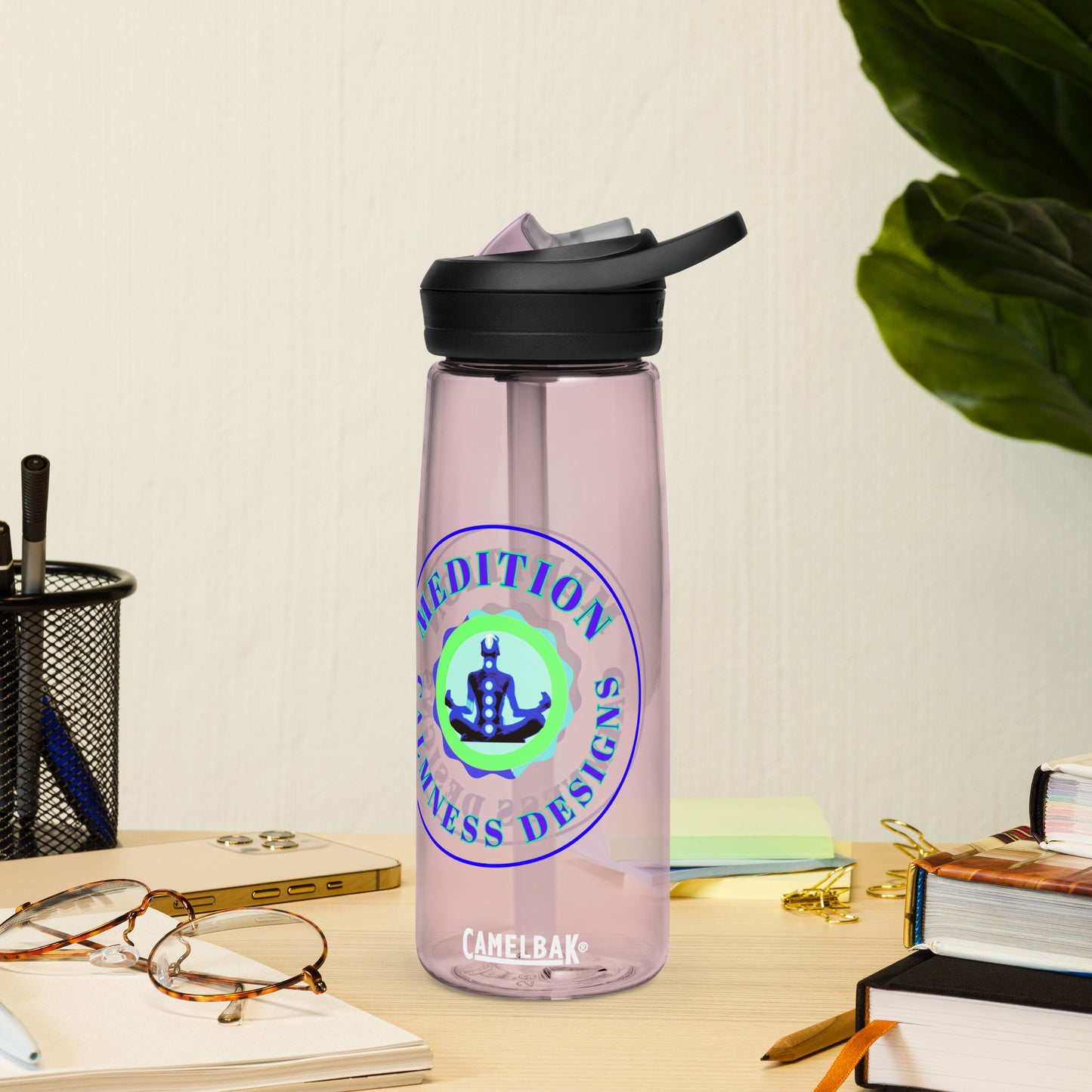 Retro Circle, MEDITION, CALMNESS DESIGNS LOGO, Creative Designer's, Sports water bottle