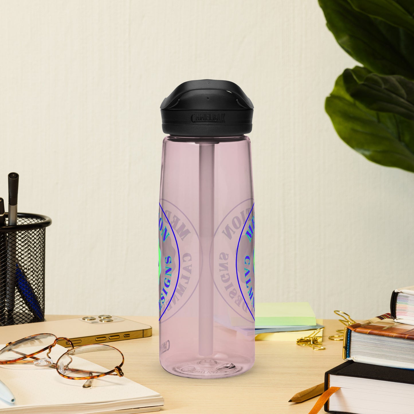 Retro Circle, MEDITION, CALMNESS DESIGNS LOGO, Creative Designer's, Sports water bottle
