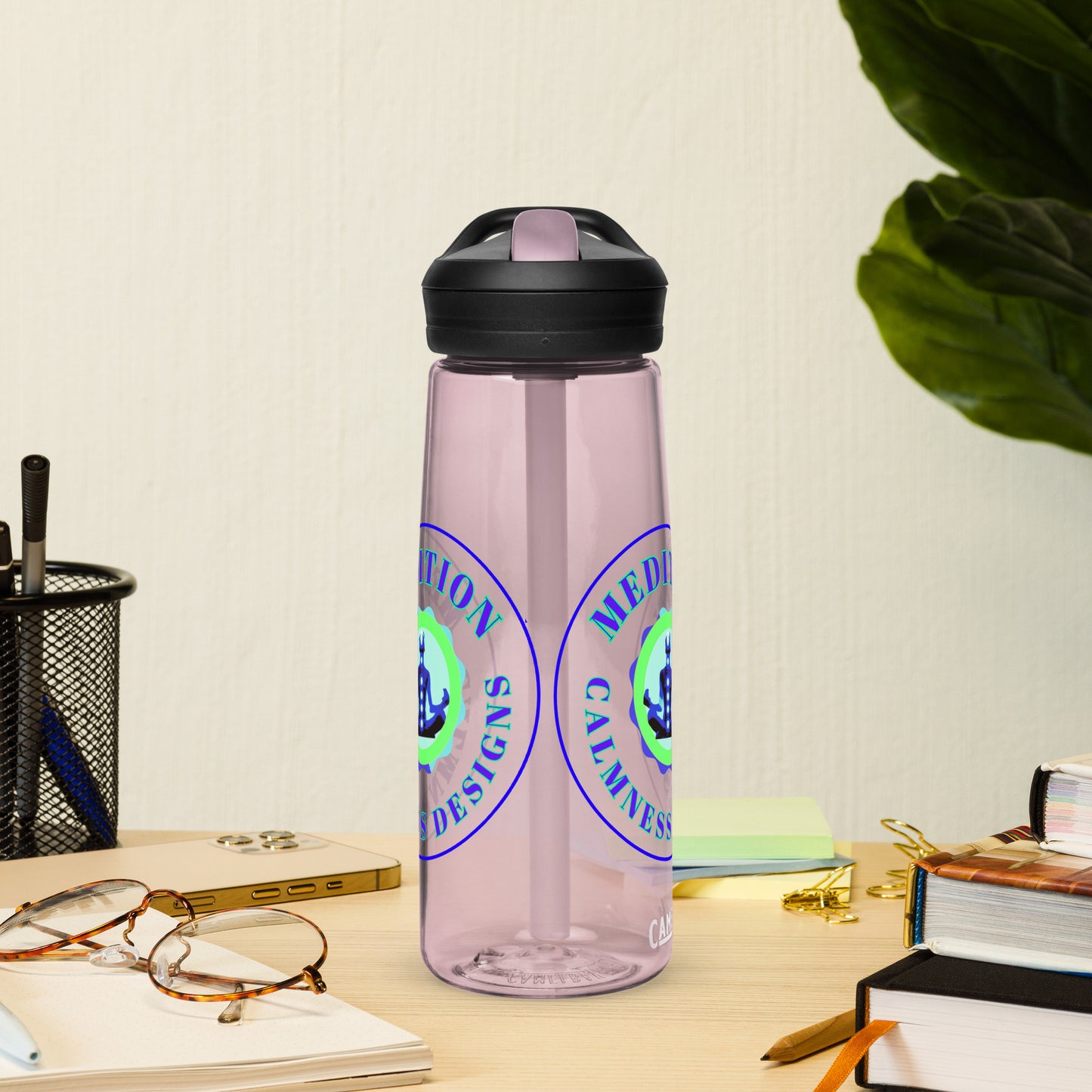 Retro Circle, MEDITION, CALMNESS DESIGNS LOGO, Creative Designer's, Sports water bottle