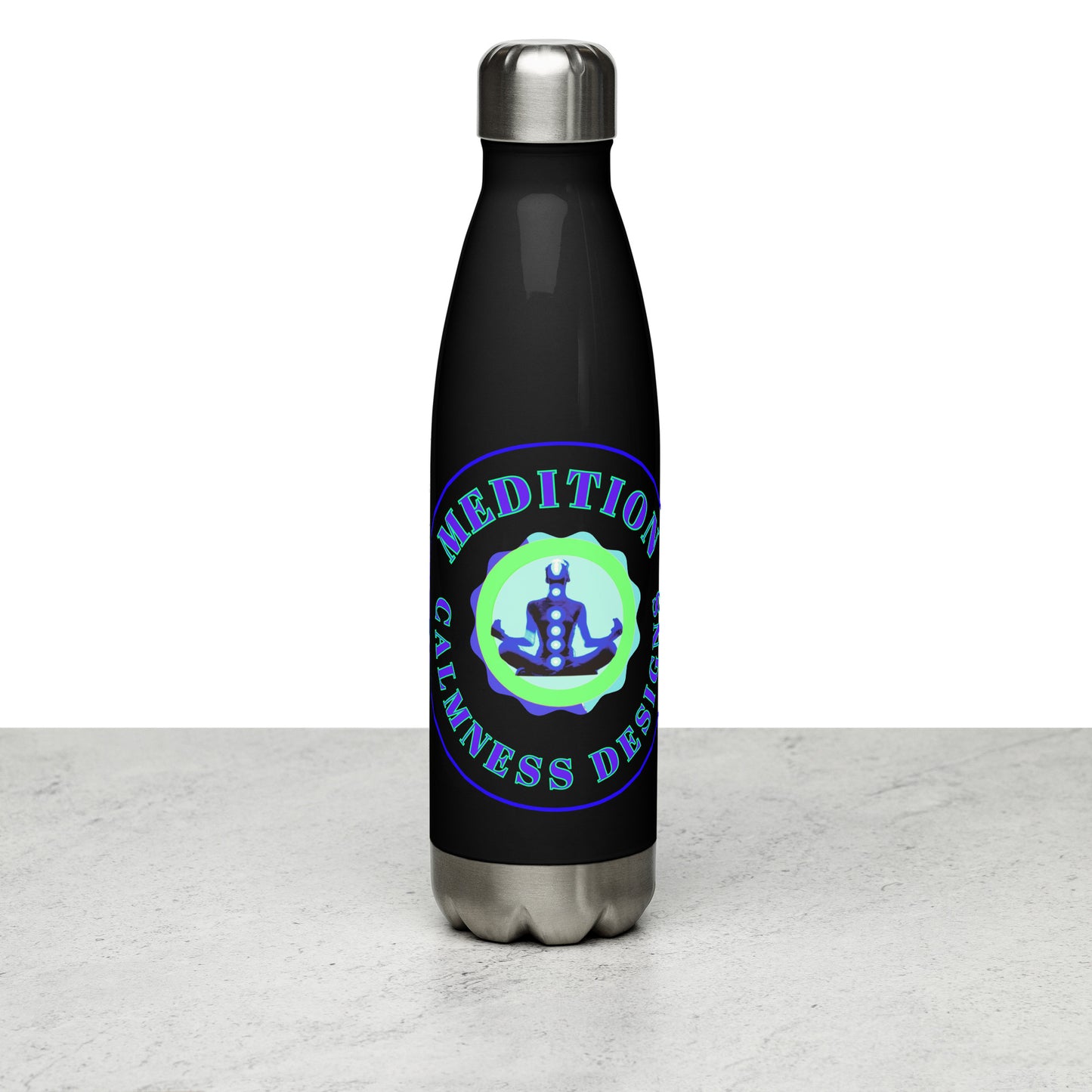 Retro Circle, MEDITION, CALMNESS DESIGNS LOGO, Creative Designer's, Stainless steel water bottle