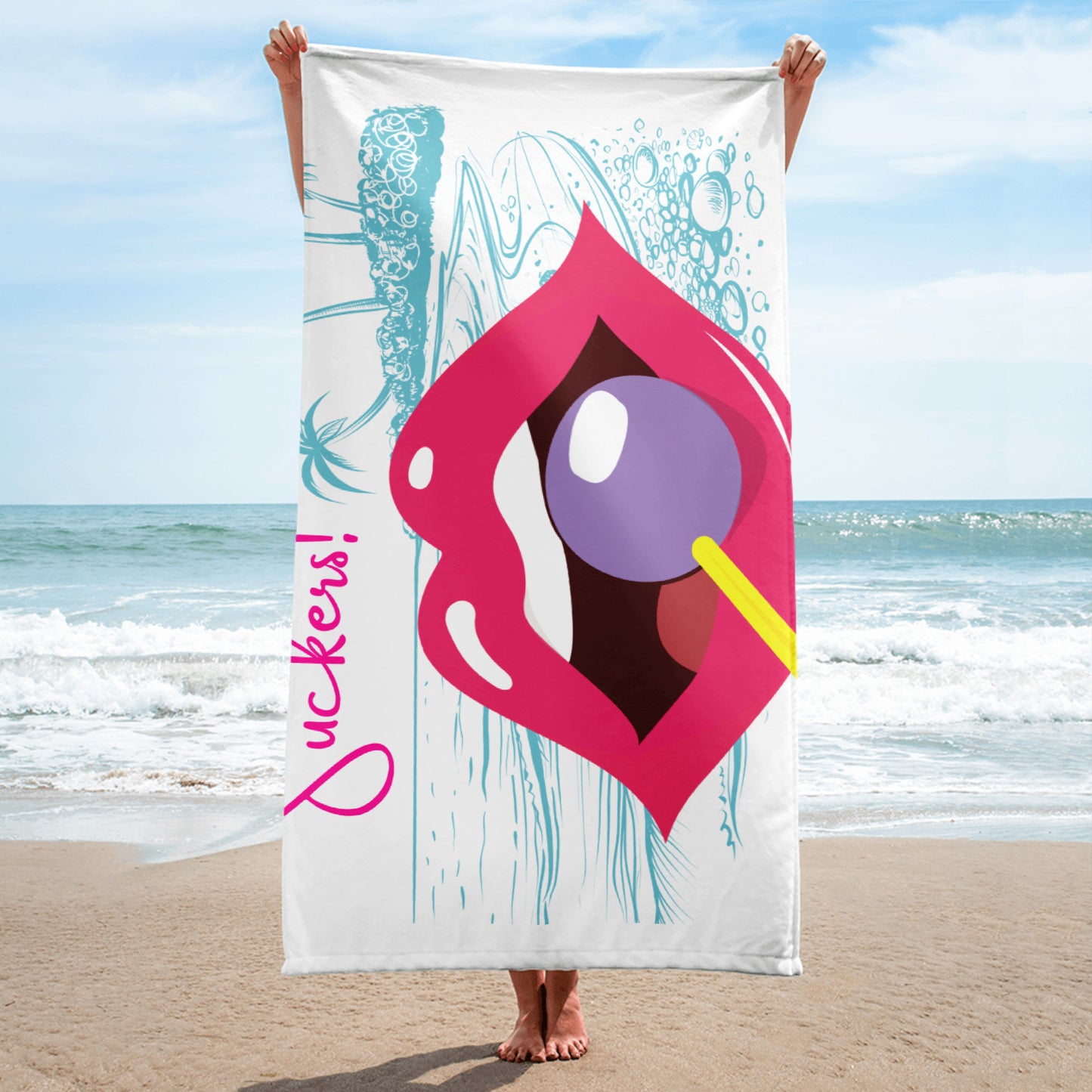 Mouth With Lollipop, SUCKERS!, Beach Coconut trees, Calmness Designs, Towel