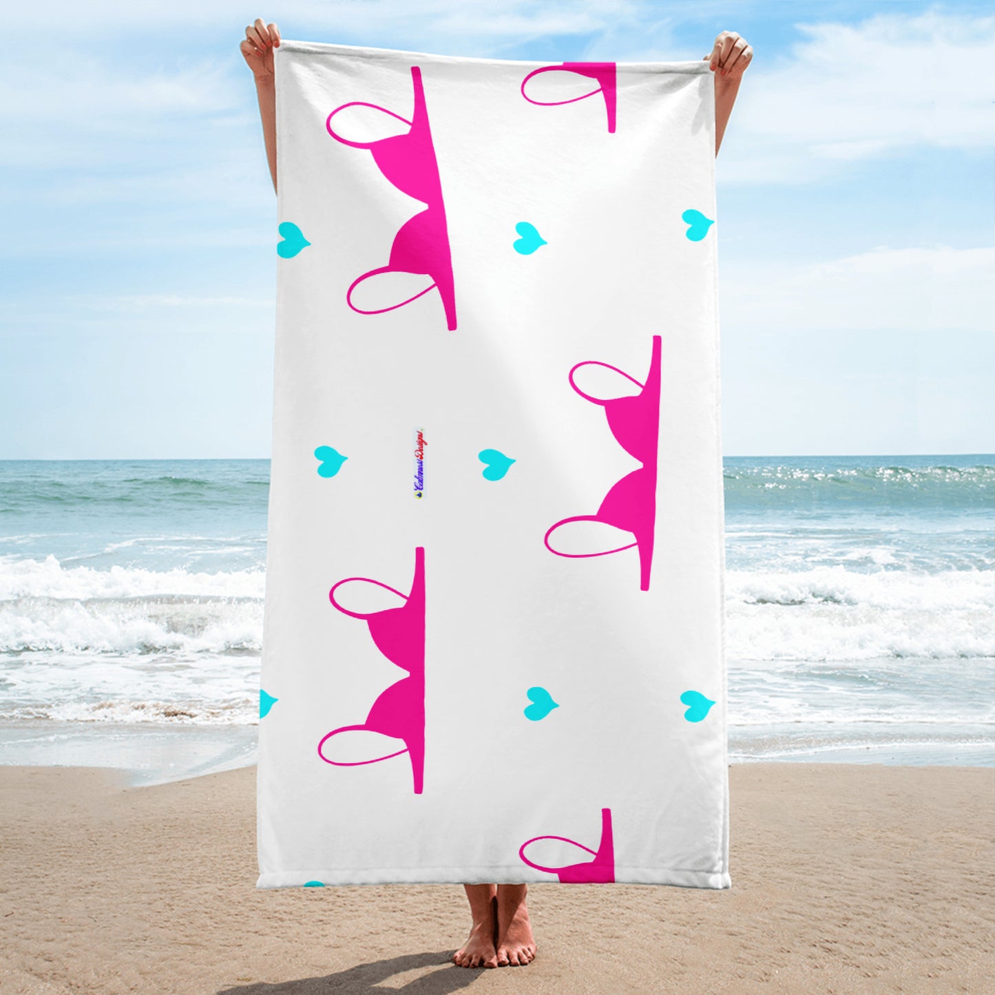 Pink-Bra, Blue Hearts, Calmness Designs, Towel
