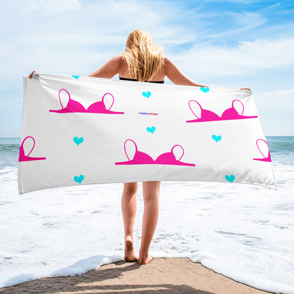 Pink-Bra, Blue Hearts, Calmness Designs, Towel