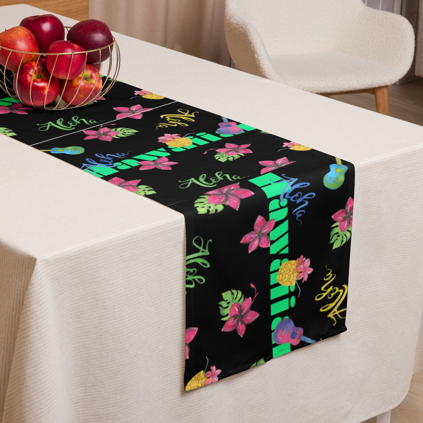 Water Color Hawaiian, Guitars, Flower's, Aloha, Tropical Drinks, CALMNESS DESIGNS, Creative Designer's, Table runner