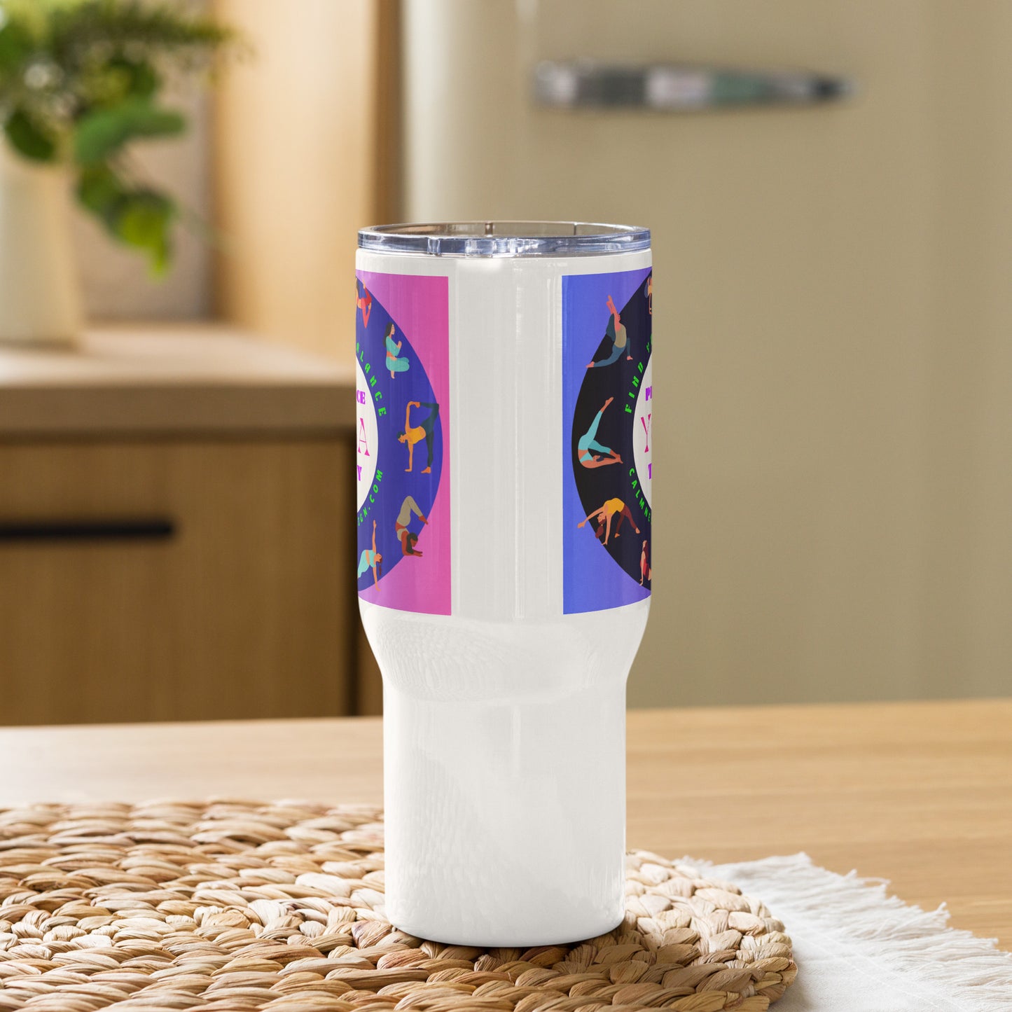Colorful Illustrated Practice Yoga Today, FIND YOUR BALANCE, CALMNESSDESIGN.com, Creative Designer's, Travel mug with a handle