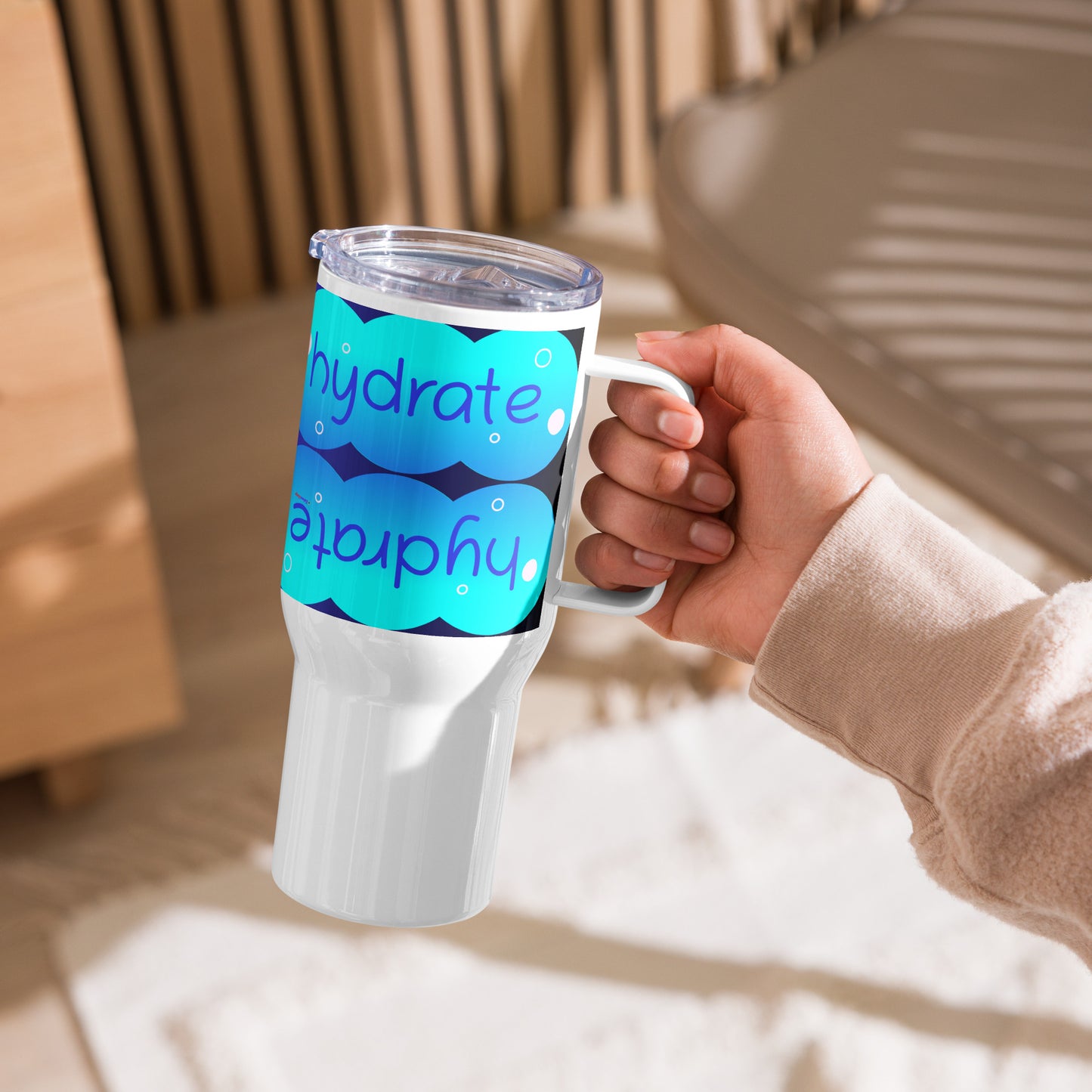 Elevated Cartoony HYDRATE, CALMNESS DESIGNS, Creative Designer's, Travel mug with a handle