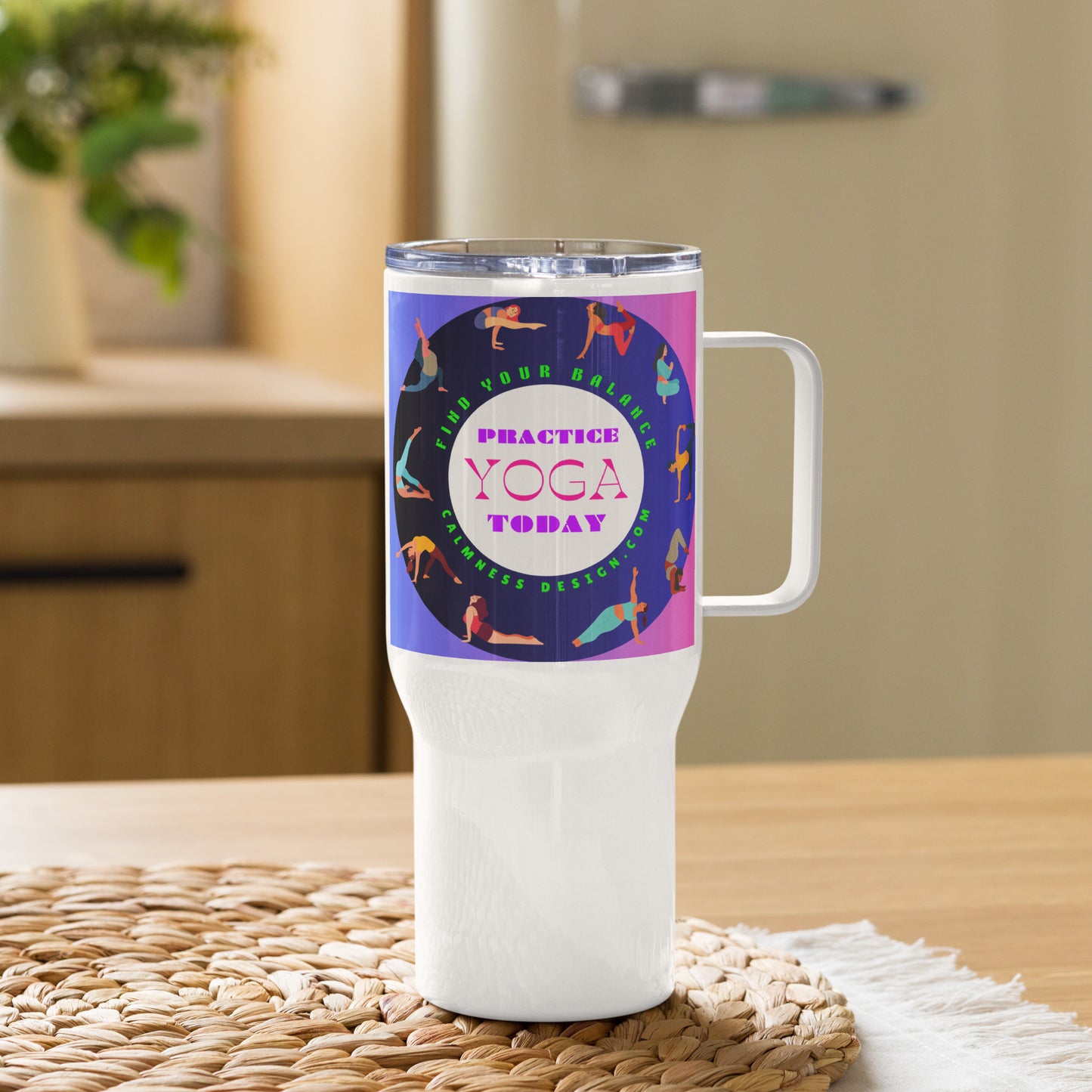 Colorful Illustrated Practice Yoga Today, FIND YOUR BALANCE, CALMNESSDESIGN.com, Creative Designer's, Travel mug with a handle