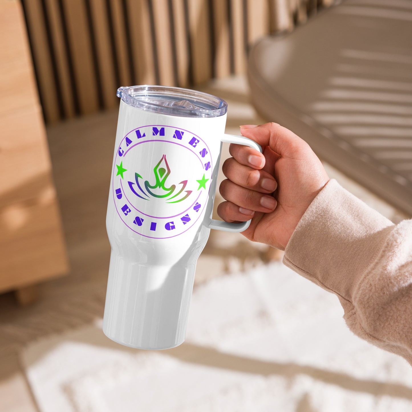 Yoga Meditation, Lotus Pose, Stars, CALMNESS DESIGNS, Creative Designer's, Travel mug with a handle