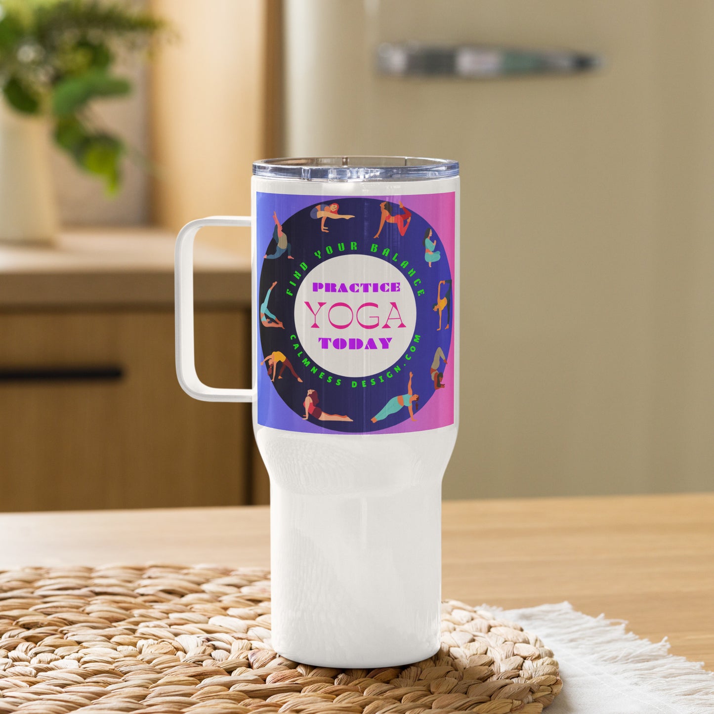 Colorful Illustrated Practice Yoga Today, FIND YOUR BALANCE, CALMNESSDESIGN.com, Creative Designer's, Travel mug with a handle