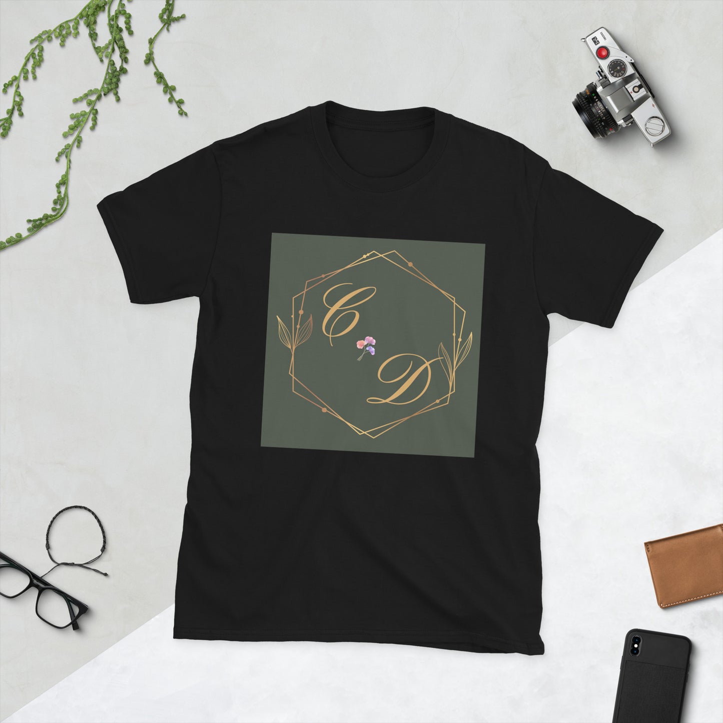 Rose Gold Monogram Floral Flowers, (C D) Calmness Designs, Creative Designs, Short-Sleeve Unisex T-Shirt