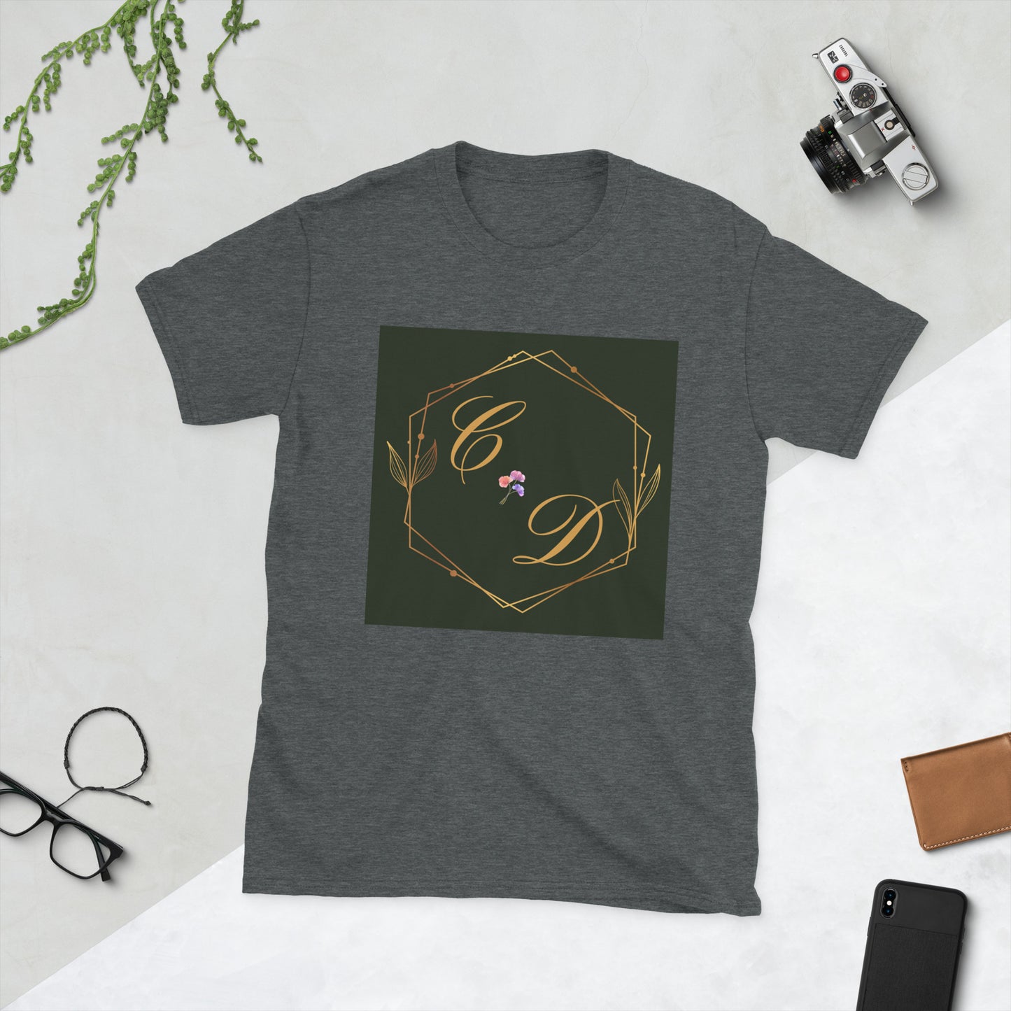 Rose Gold Monogram Floral Flowers, (C D) Calmness Designs, Creative Designs, Short-Sleeve Unisex T-Shirt