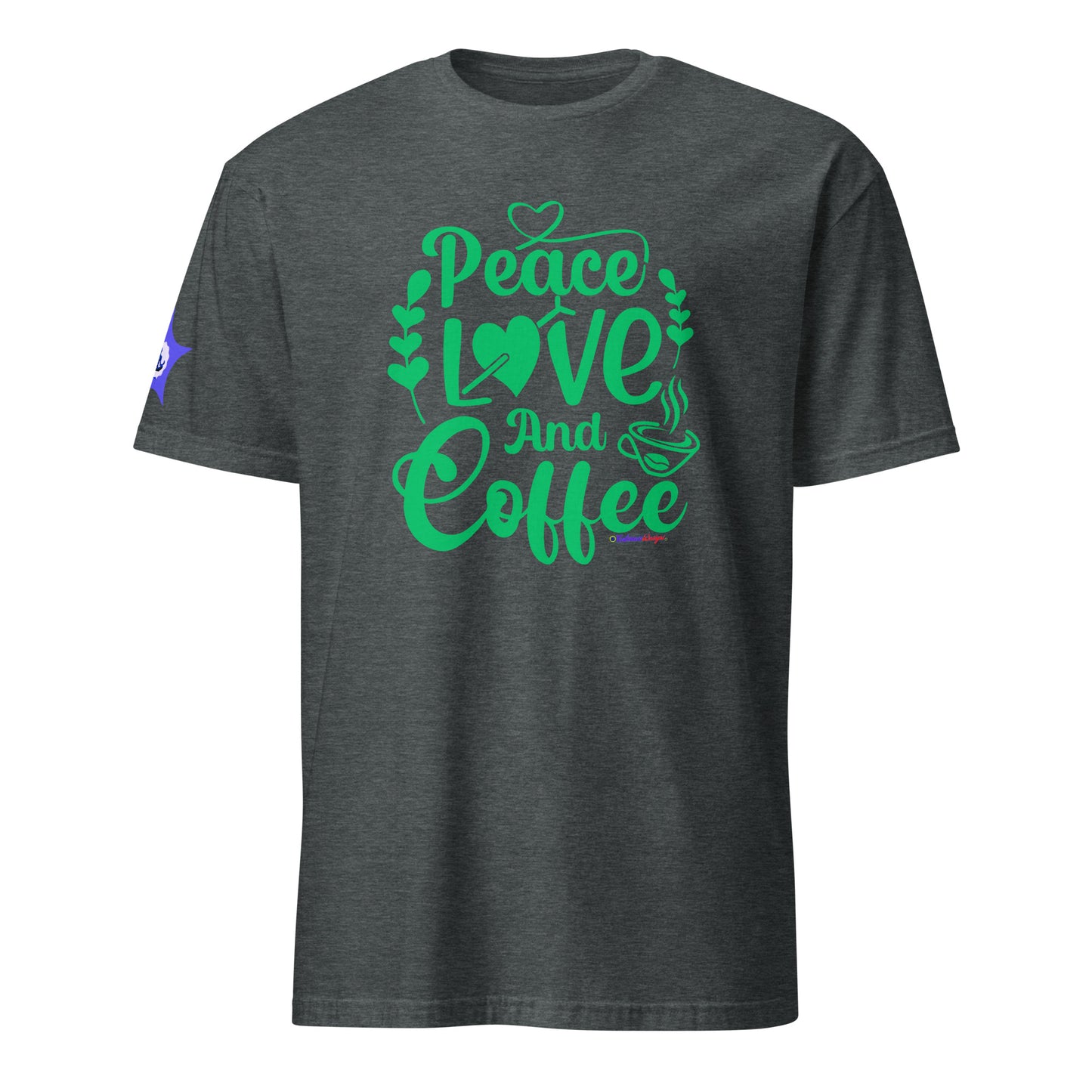 Peace Love and Coffee, Hearts-Arrow, Cup of HOT Coffee, CALMNESS DESIGNS, Creative Designer's, Short-Sleeve Unisex T-Shirt