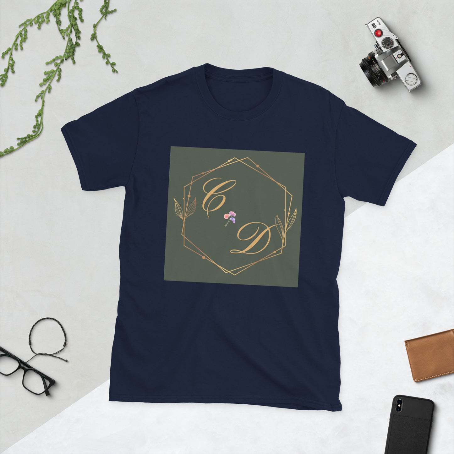 Rose Gold Monogram Floral Flowers, (C D) Calmness Designs, Creative Designs, Short-Sleeve Unisex T-Shirt