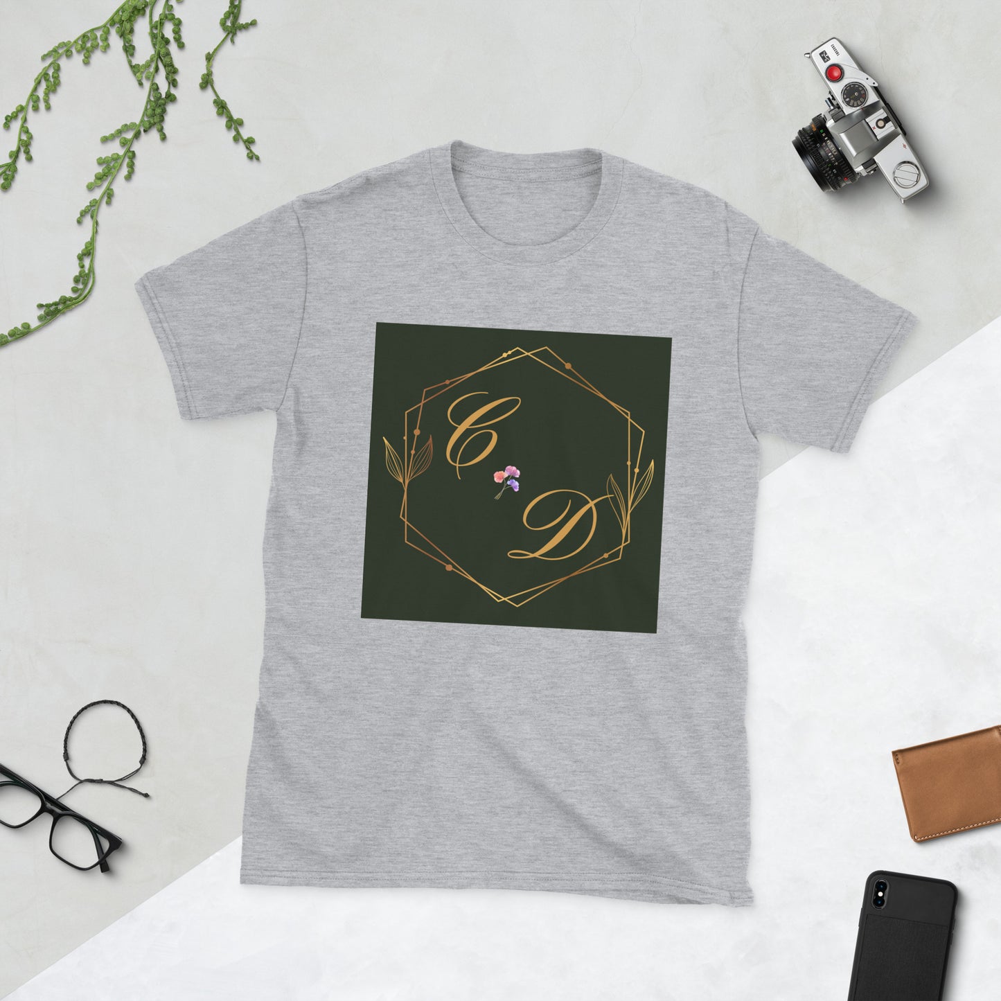 Rose Gold Monogram Floral Flowers, (C D) Calmness Designs, Creative Designs, Short-Sleeve Unisex T-Shirt