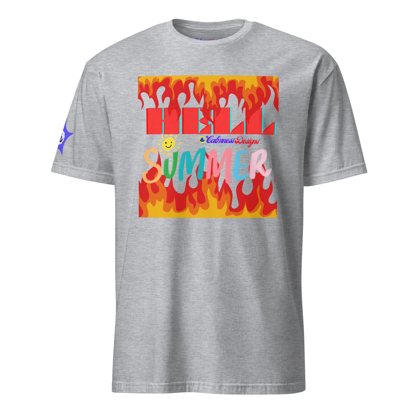 Fire Flame, Summer-Sunshine Face, HELL SUMMER, CALMNESS DESIGNS, Creative Designer's, Short-Sleeve Unisex T-Shirt