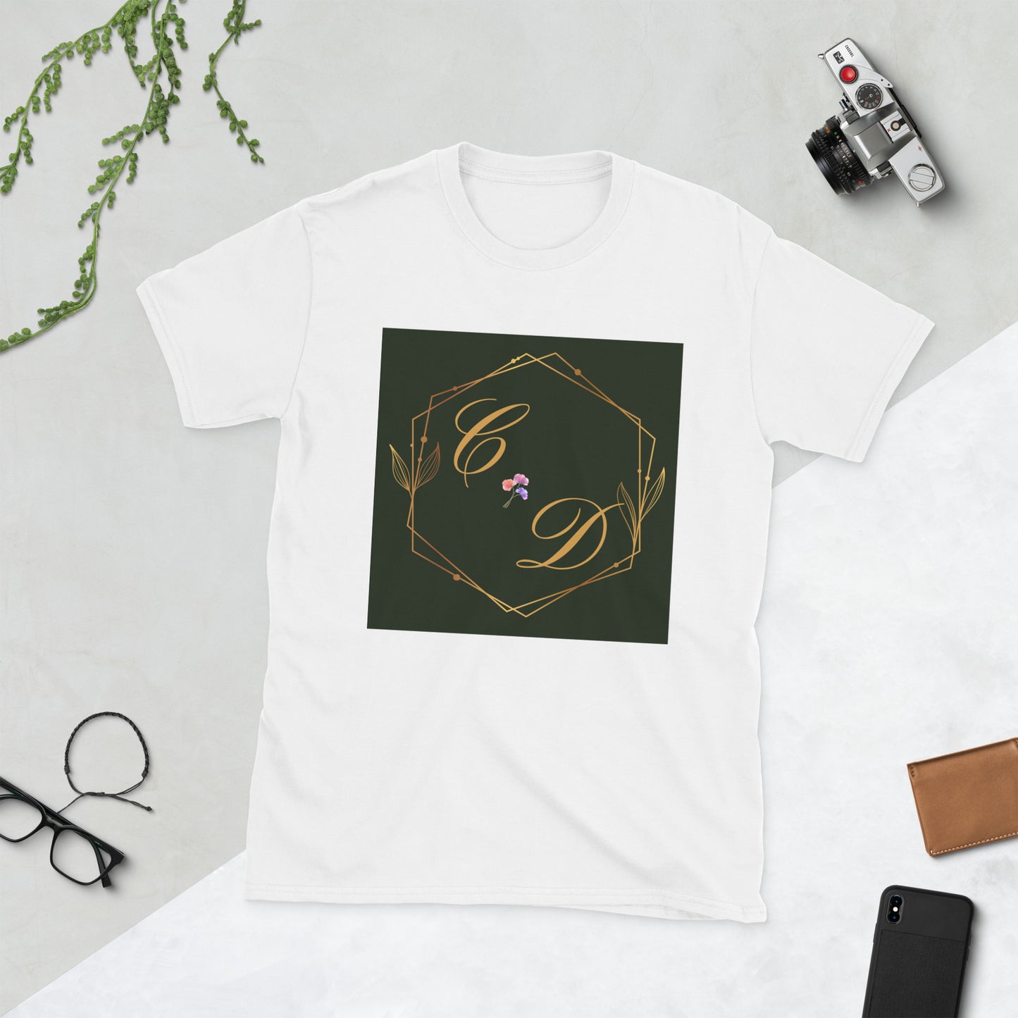 Rose Gold Monogram Floral Flowers, (C D) Calmness Designs, Creative Designs, Short-Sleeve Unisex T-Shirt