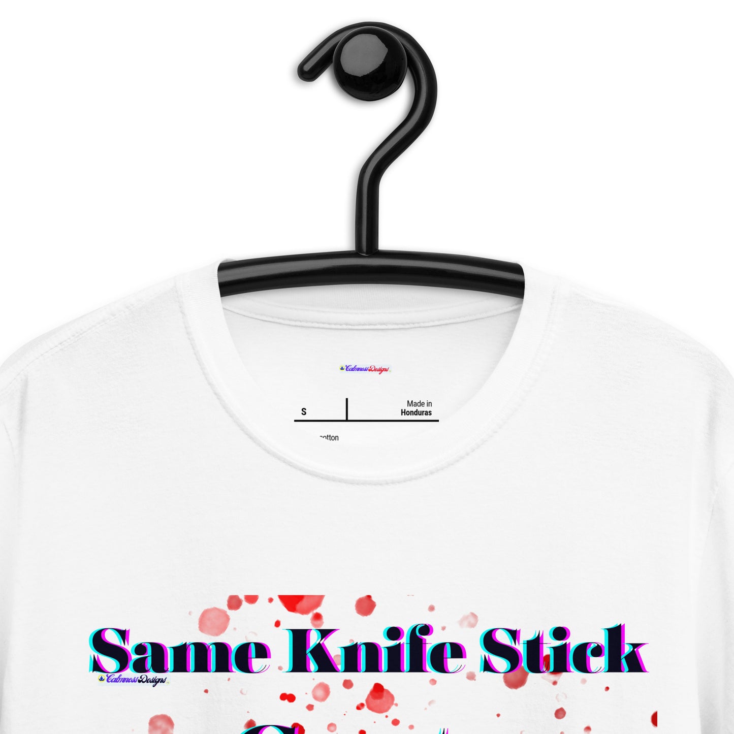 Same Knife Stick Sheep Stick Goat, Goat Blood-Spater, Calmness Designs, Short-Sleeve Unisex T-Shirt