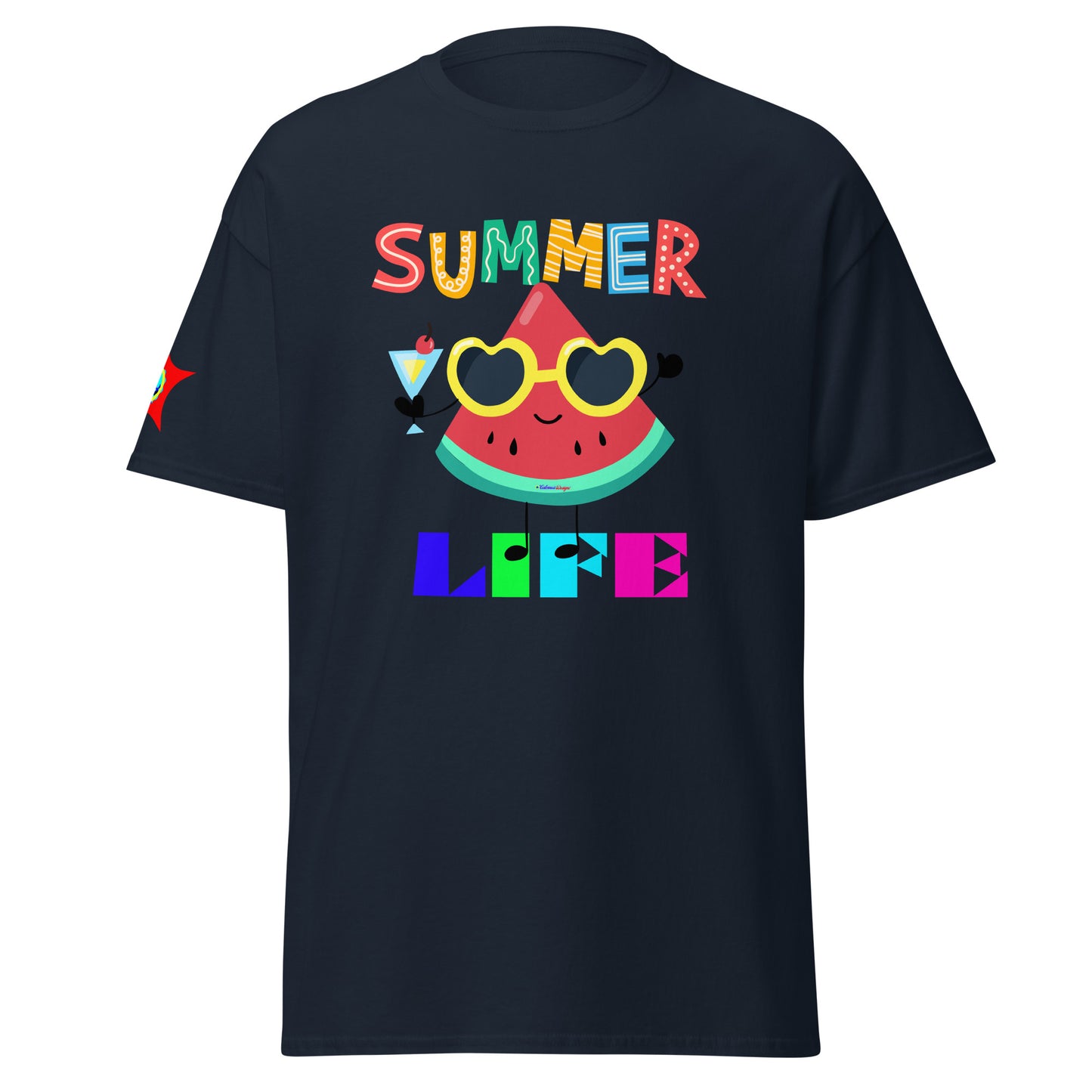 Watermelon Character with Cocktail, Heart-Shape Summer Glass, Summer Life, CALMNESS DESIGNS, Creative Designer's, Unisex classic tee