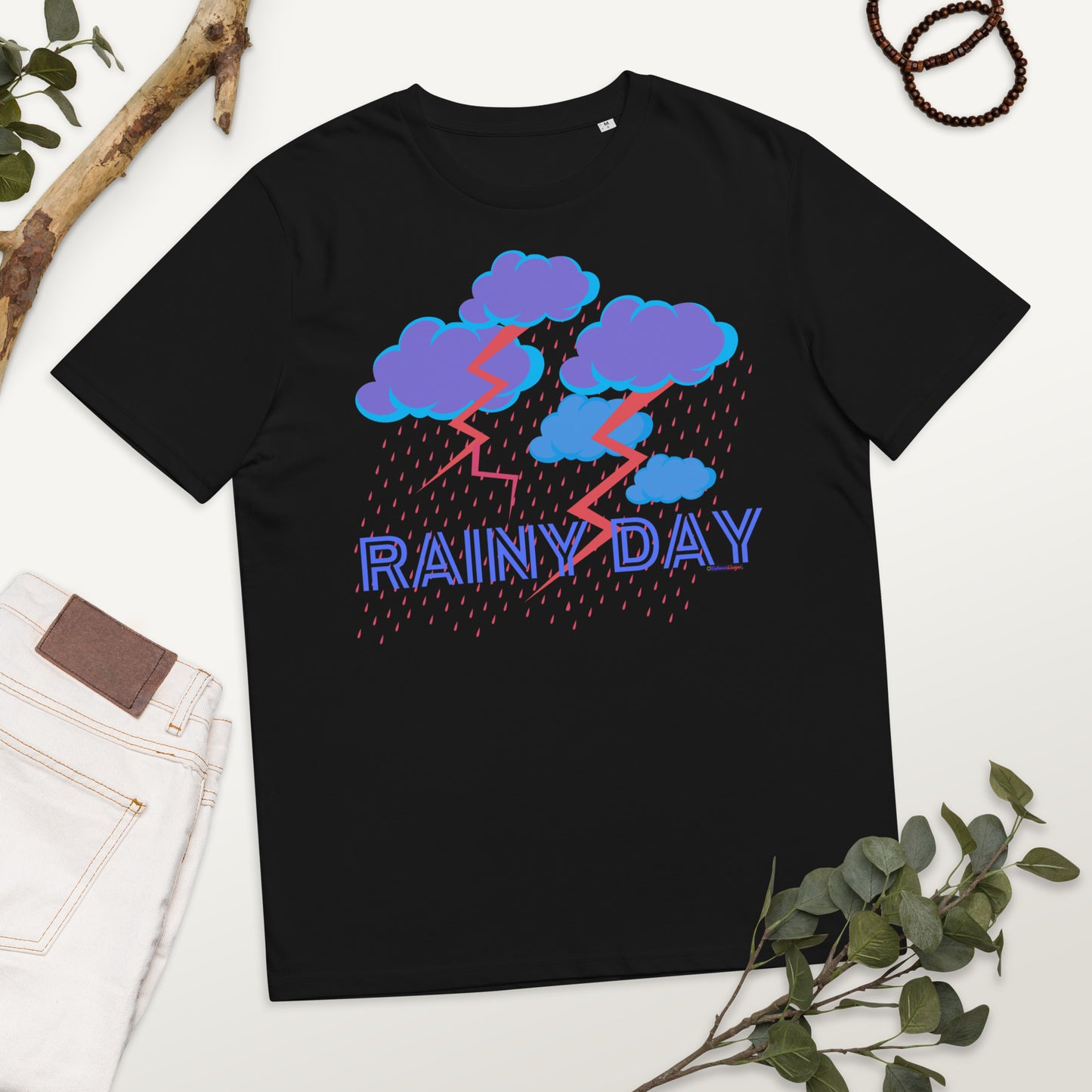 Rainy Day, Cloud with Rain and ThunderLighting, Calmness Designs, Unisex organic cotton t-shirt