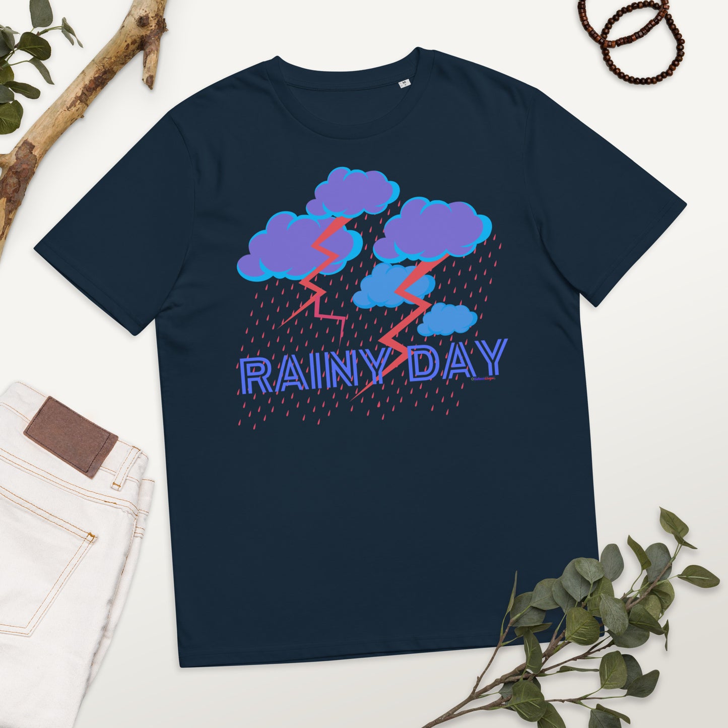 Rainy Day, Cloud with Rain and ThunderLighting, Calmness Designs, Unisex organic cotton t-shirt