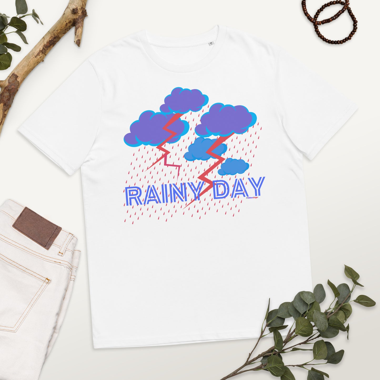 Rainy Day, Cloud with Rain and ThunderLighting, Calmness Designs, Unisex organic cotton t-shirt