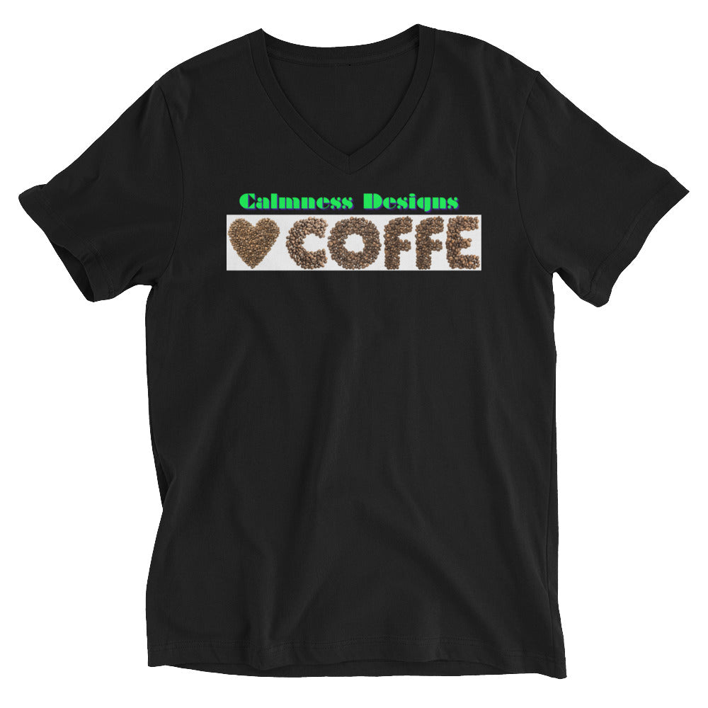 Heart of COFFEE Beans are Spinning on the Table, Unisex Short Sleeve V-Neck T-Shirt