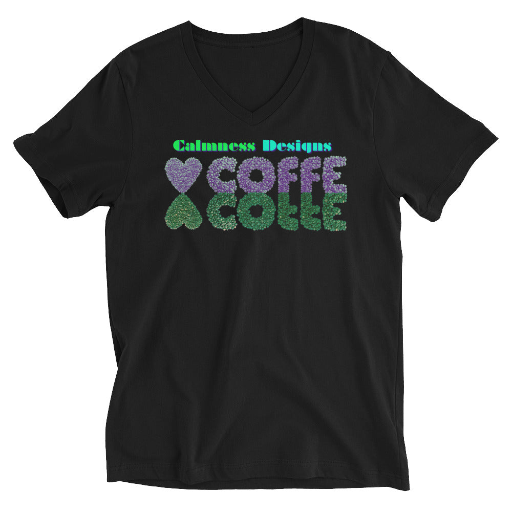 Heart of COFFEE Beans are Spinning on the Table, Unisex Short Sleeve V-Neck T-Shirt
