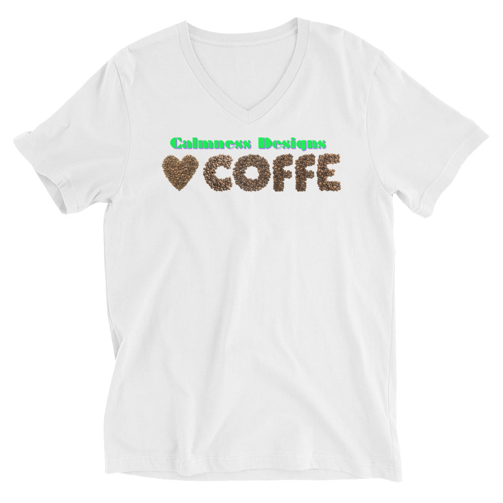 Heart of COFFEE Beans are Spinning on the Table, Unisex Short Sleeve V-Neck T-Shirt