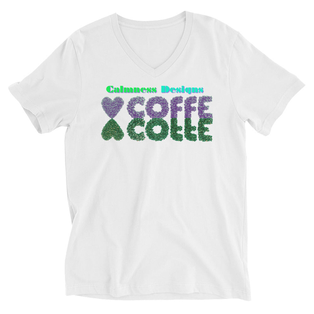 Heart of COFFEE Beans are Spinning on the Table, Unisex Short Sleeve V-Neck T-Shirt