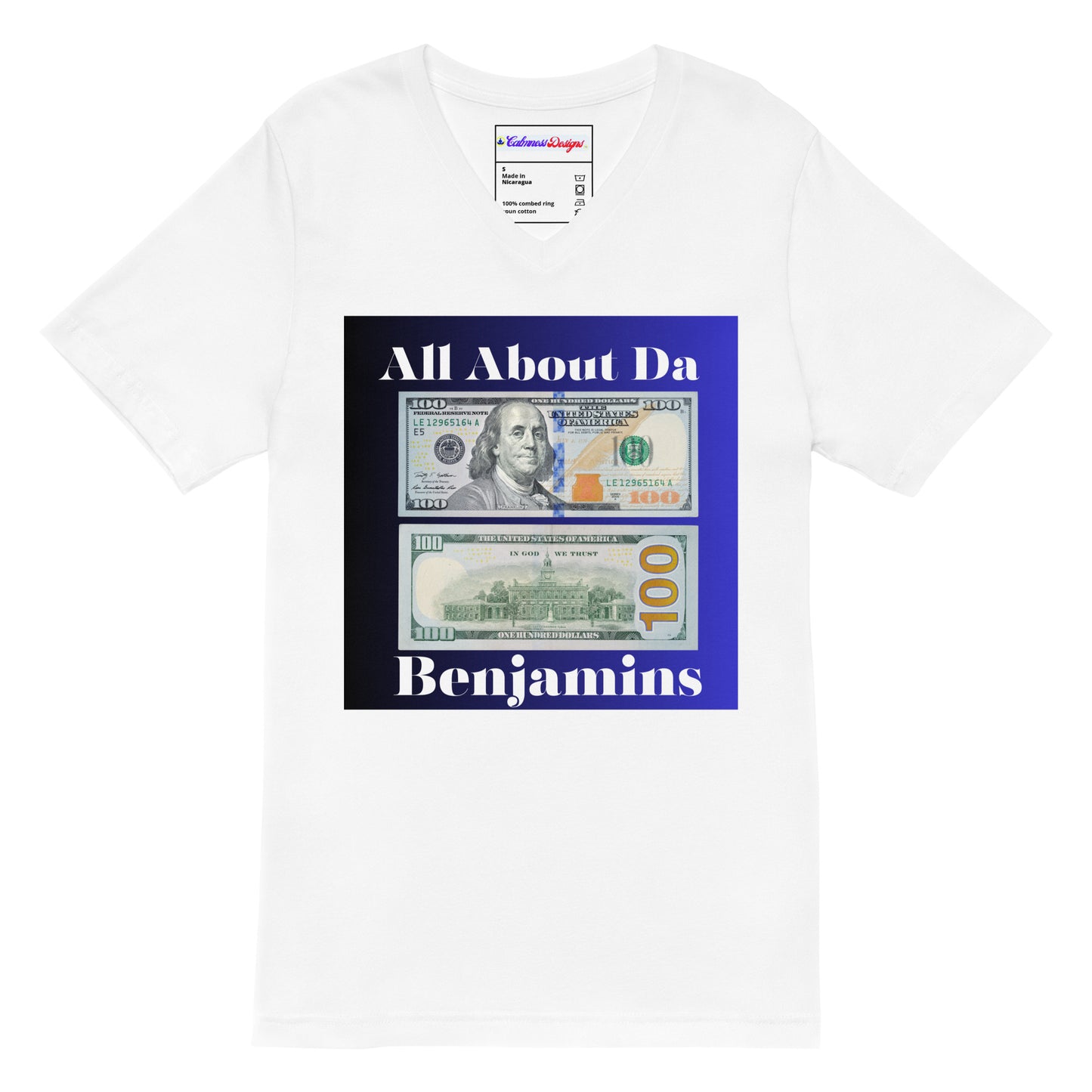 All About da Benjamins, US $100 Dollar Bills, Calmness Designs, Creative Designs, Unisex Short Sleeve V-Neck T-Shirt