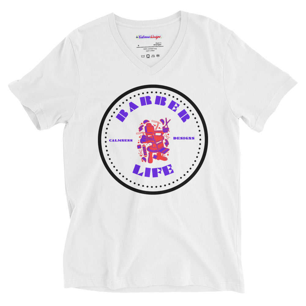 Minimalist Circle, Barber Life, Barber Chair, and Barbers Equipment's, CALMNESS DESIGNS, Creative Designer's, Unisex Short Sleeve V-Neck T-Shirt