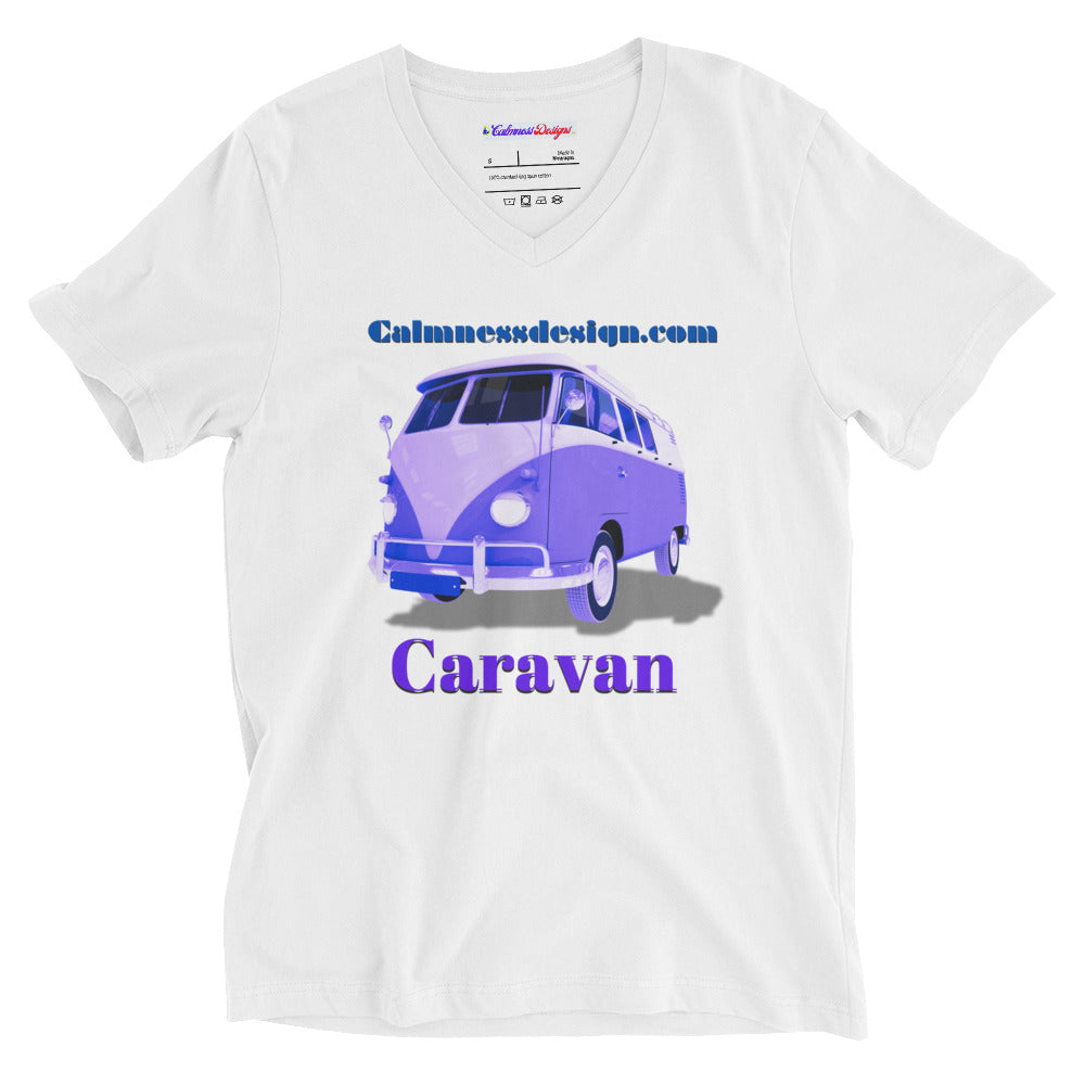 Blue Camper Caravan, Calmnessdesign.COM, Unisex Short Sleeve V-Neck T-Shirt