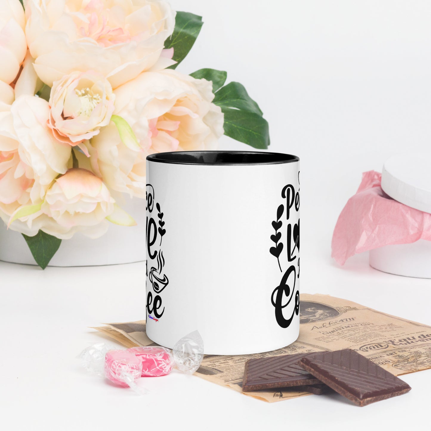 Peace Love and Coffee, Hearts-Arrow, Cup of HOT Coffee, CALMNESS DESIGNS, Creative Designer's, Mug with Color Inside