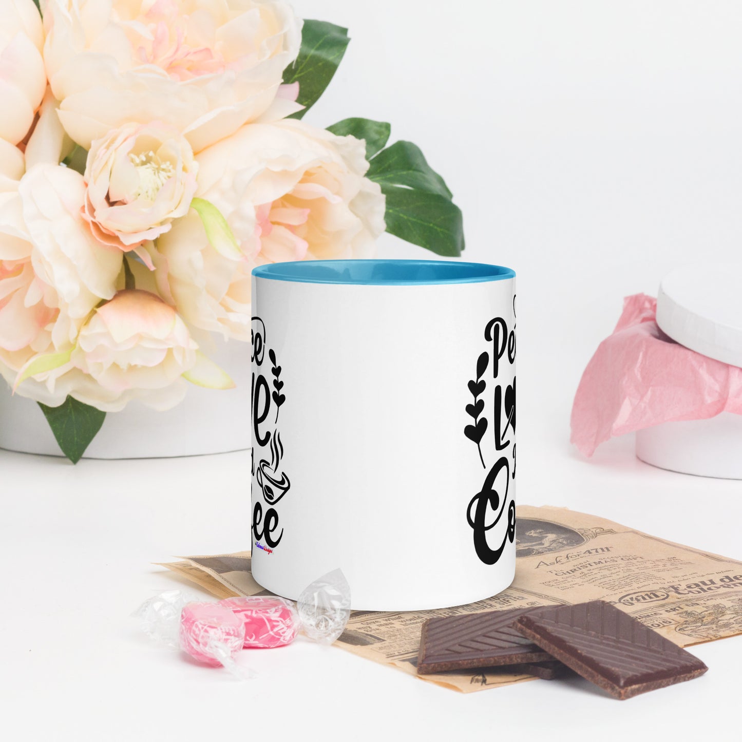 Peace Love and Coffee, Hearts-Arrow, Cup of HOT Coffee, CALMNESS DESIGNS, Creative Designer's, Mug with Color Inside