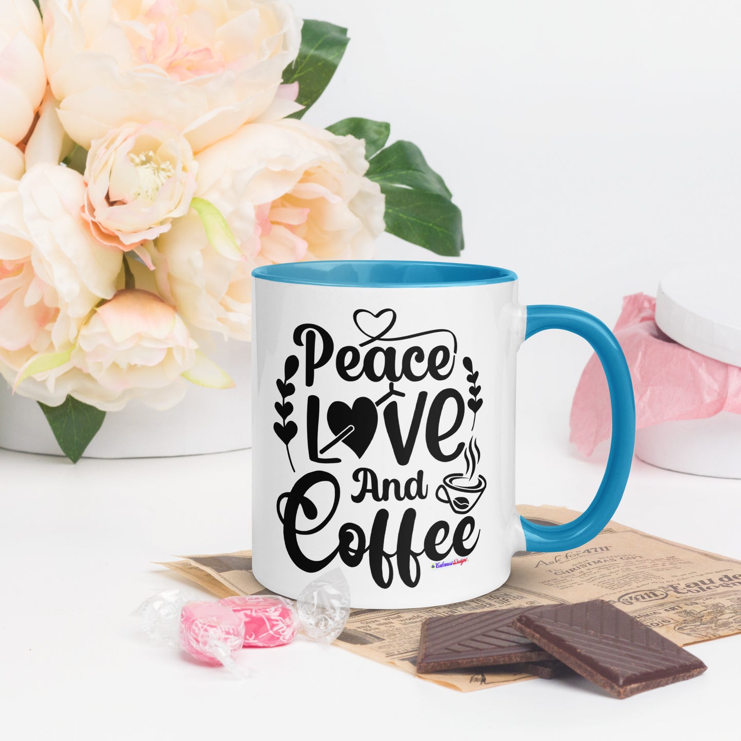 Peace Love and Coffee, Hearts-Arrow, Cup of HOT Coffee, CALMNESS DESIGNS, Creative Designer's, Mug with Color Inside