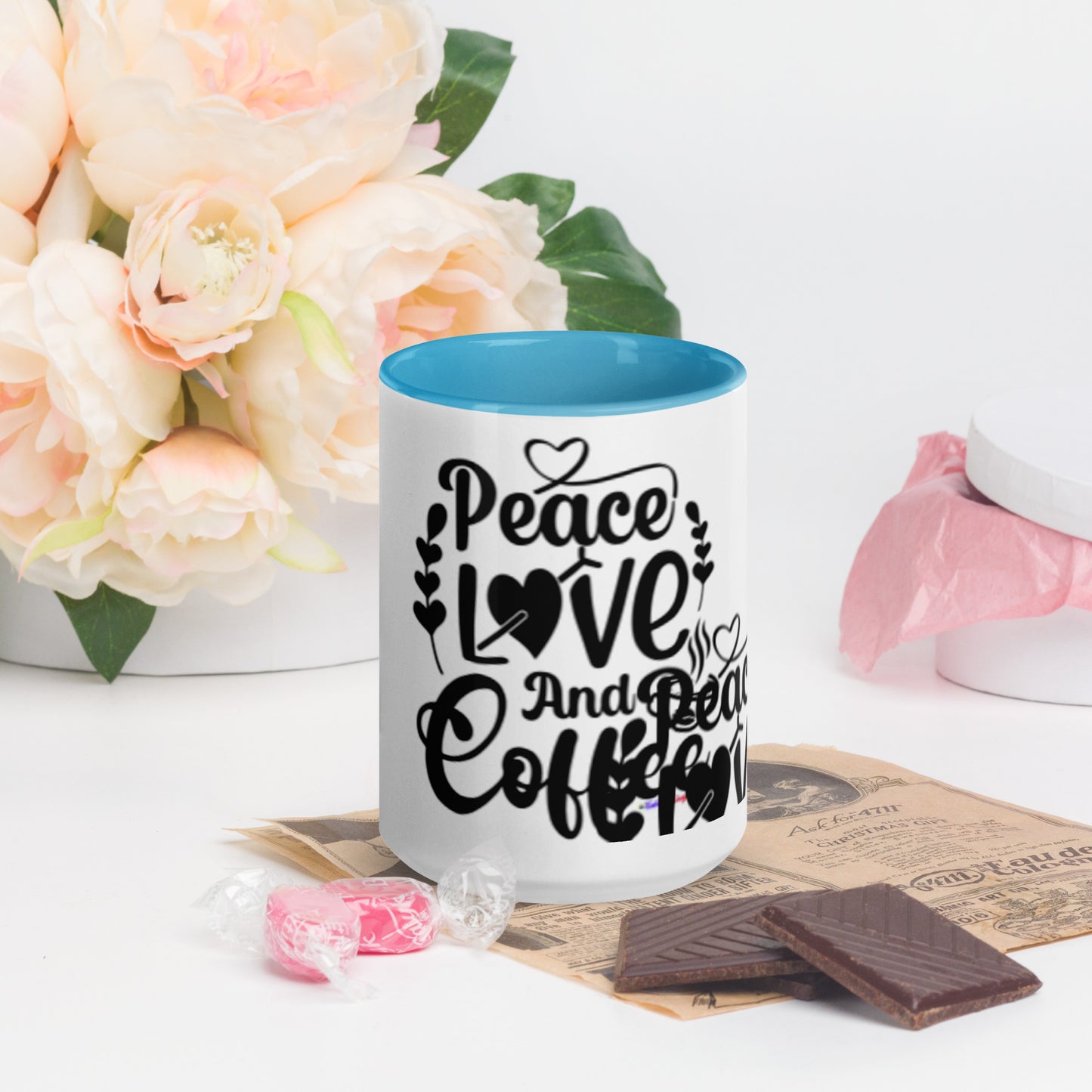 Peace Love and Coffee, Hearts-Arrow, Cup of HOT Coffee, CALMNESS DESIGNS, Creative Designer's, Mug with Color Inside