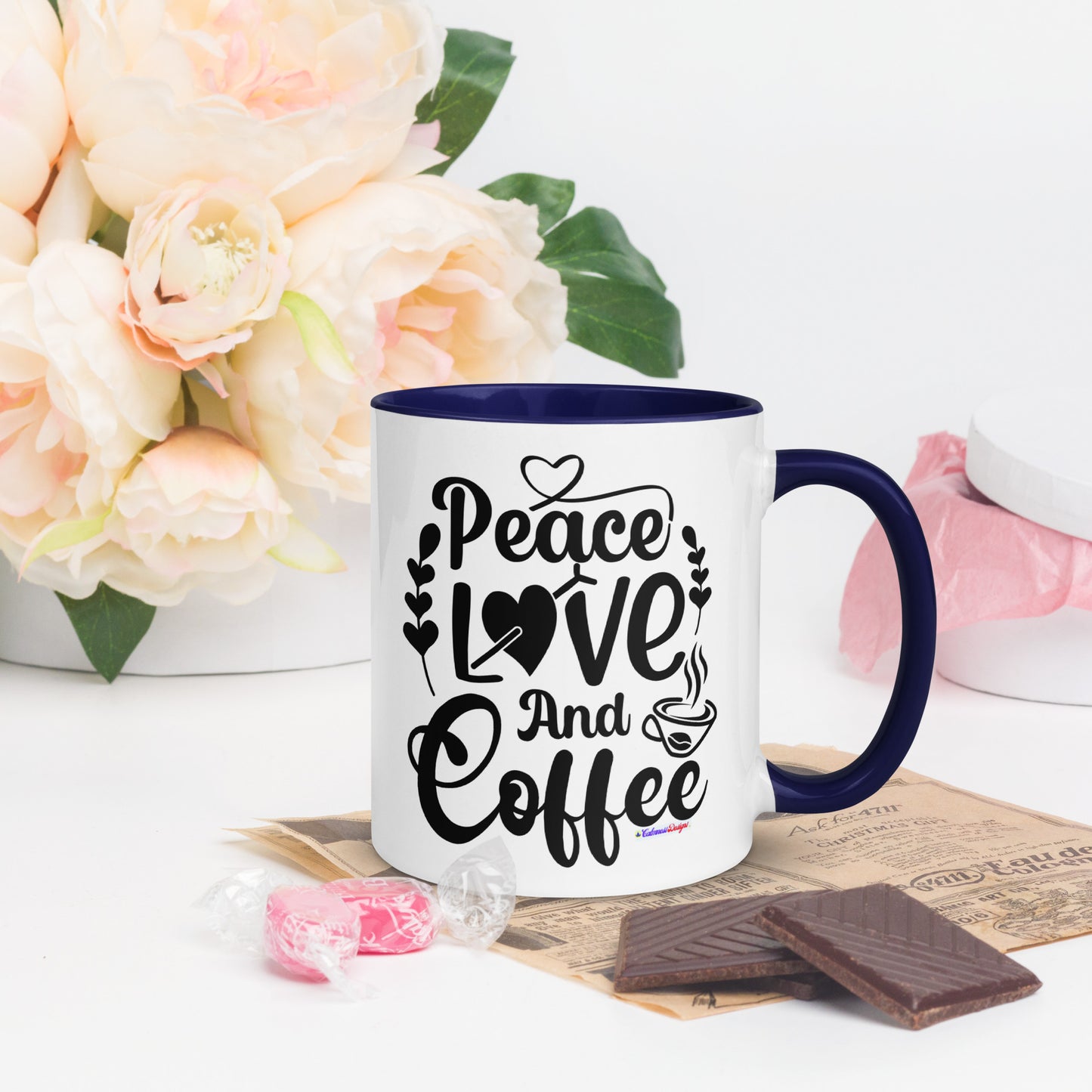 Peace Love and Coffee, Hearts-Arrow, Cup of HOT Coffee, CALMNESS DESIGNS, Creative Designer's, Mug with Color Inside
