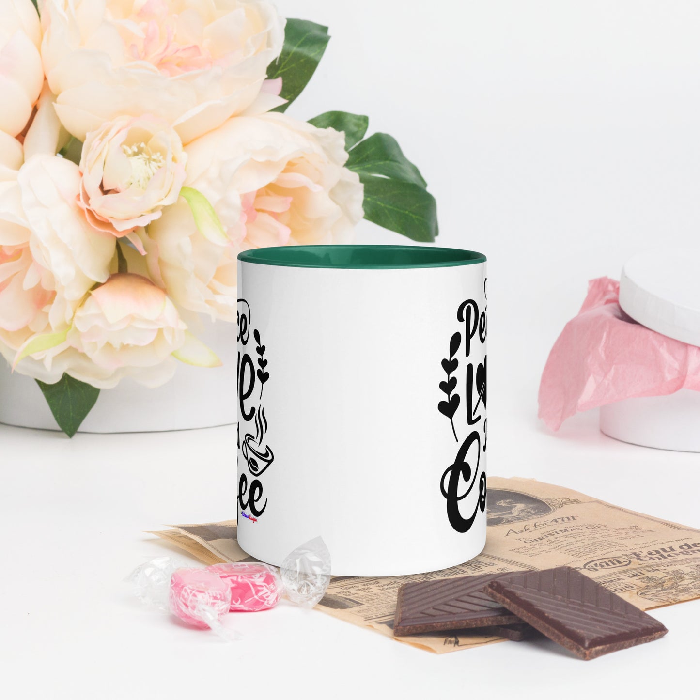 Peace Love and Coffee, Hearts-Arrow, Cup of HOT Coffee, CALMNESS DESIGNS, Creative Designer's, Mug with Color Inside