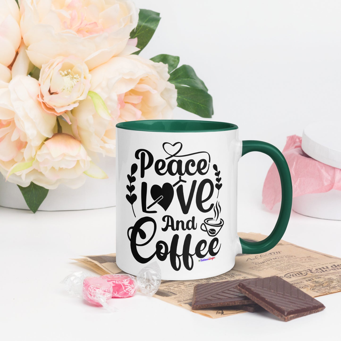 Peace Love and Coffee, Hearts-Arrow, Cup of HOT Coffee, CALMNESS DESIGNS, Creative Designer's, Mug with Color Inside