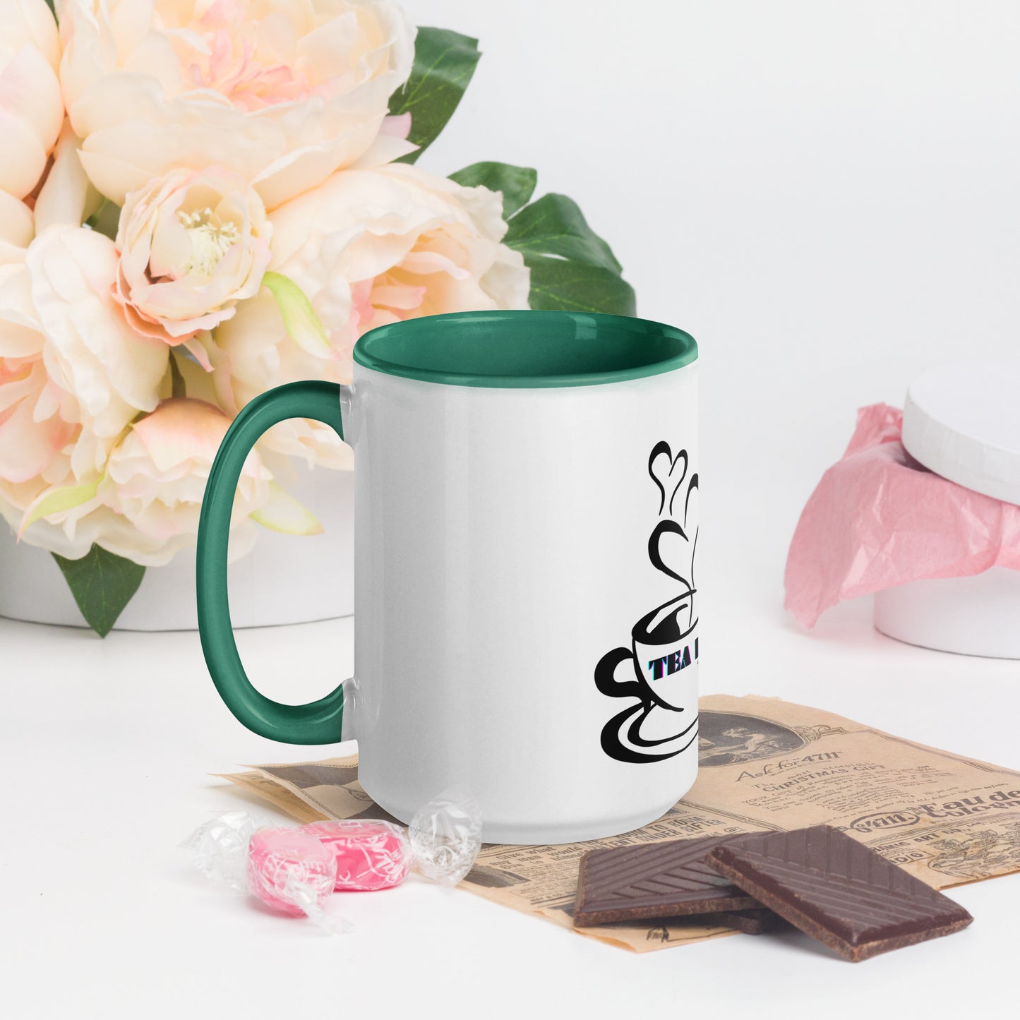 TEA LOVER'S 2 CUPS of COFFEE, Hearts, CALMNESS DESIGNS, Creative Designer's, Mug with Color Inside