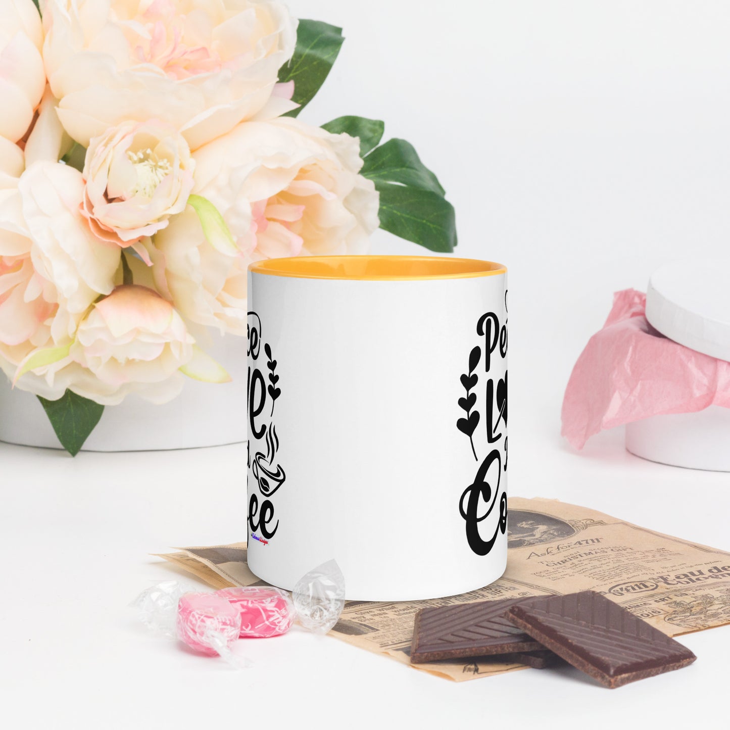 Peace Love and Coffee, Hearts-Arrow, Cup of HOT Coffee, CALMNESS DESIGNS, Creative Designer's, Mug with Color Inside